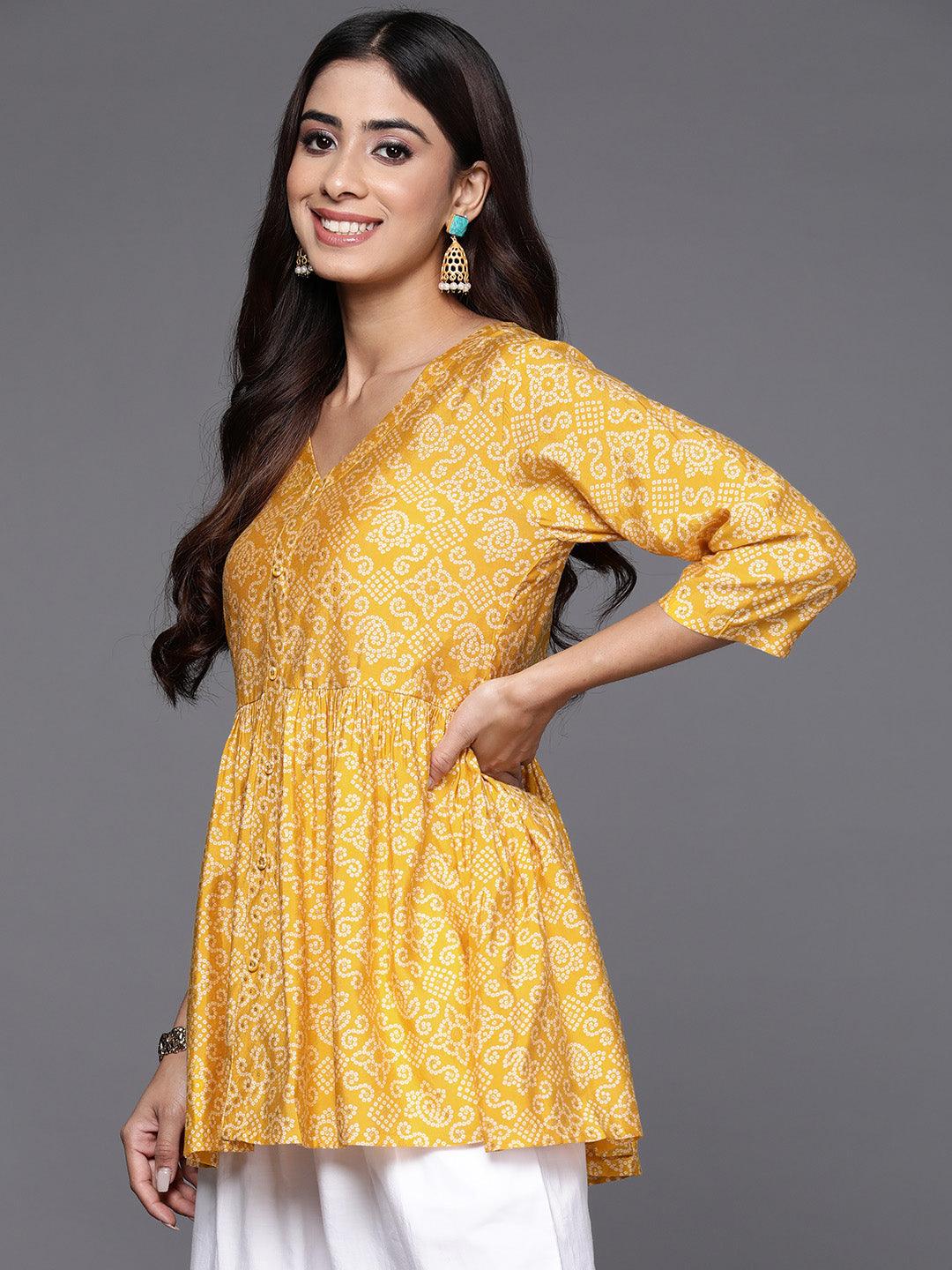 Yellow Printed Silk Blend A-Line Kurti