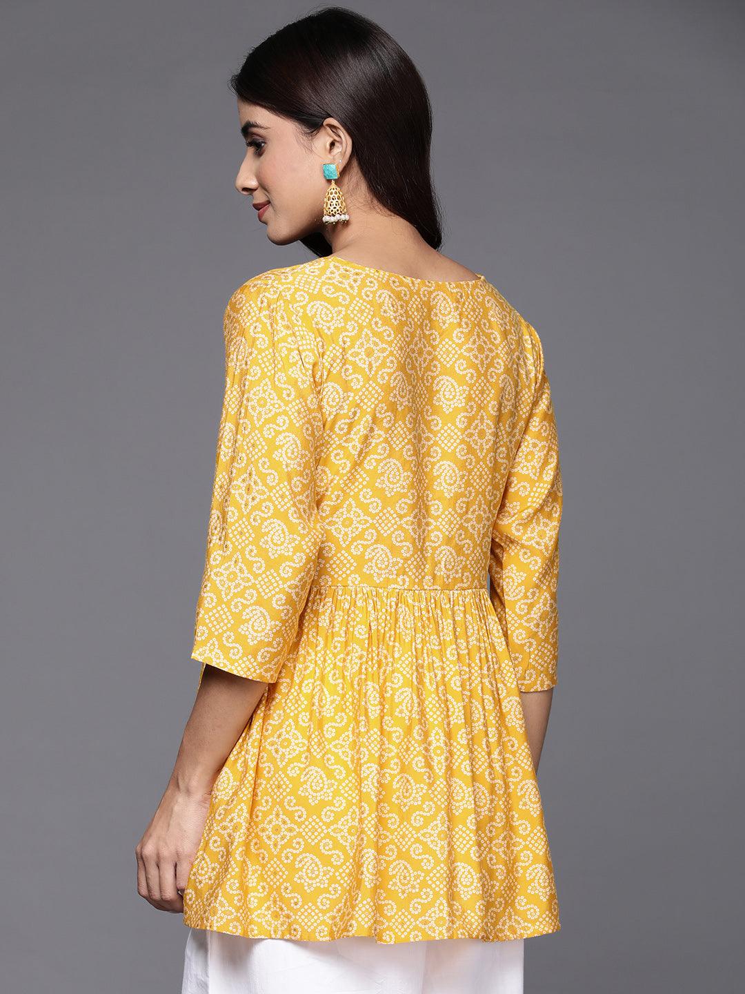 Yellow Printed Silk Blend A-Line Kurti