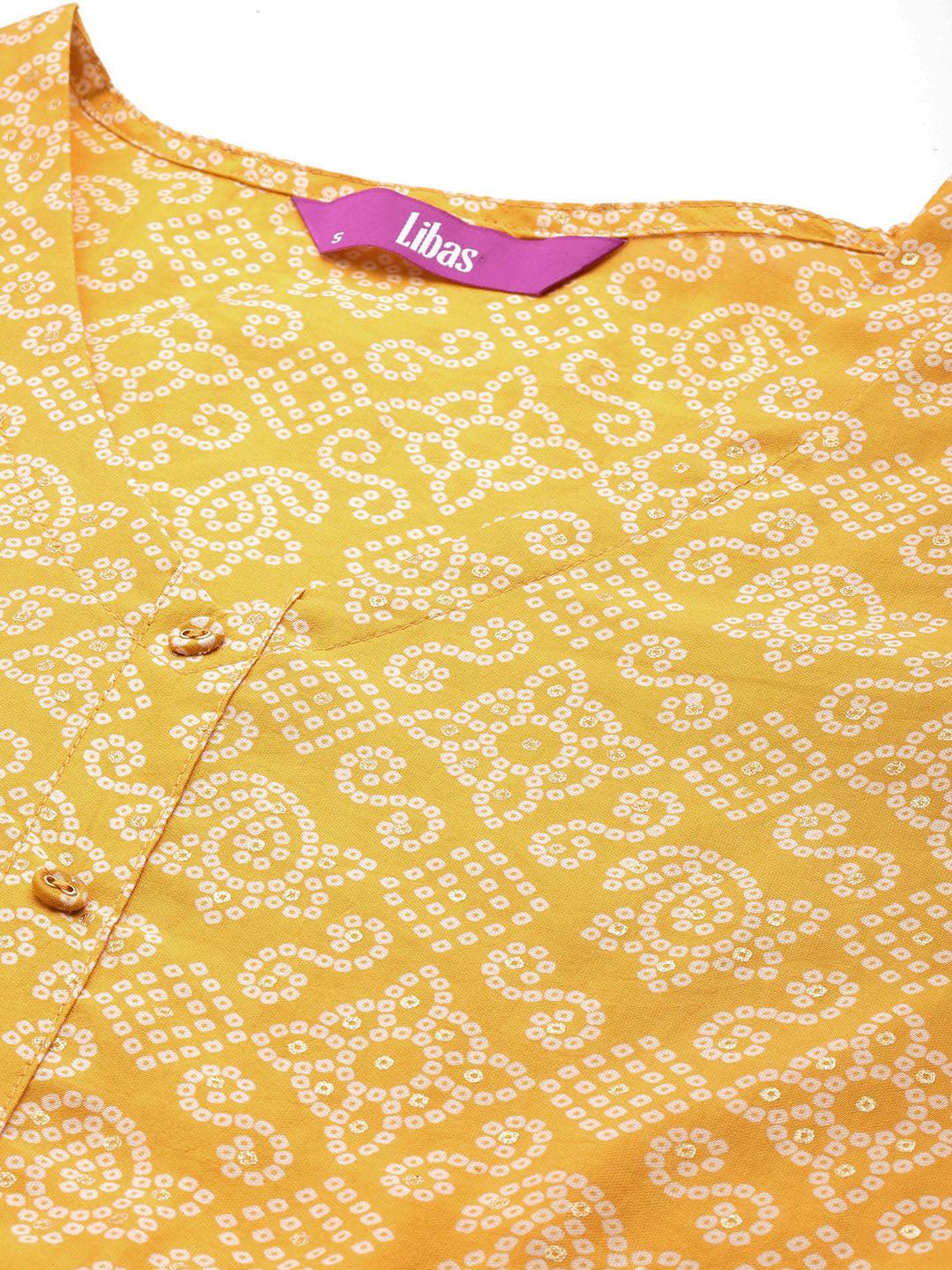 Yellow Printed Silk Blend A-Line Kurti - ShopLibas