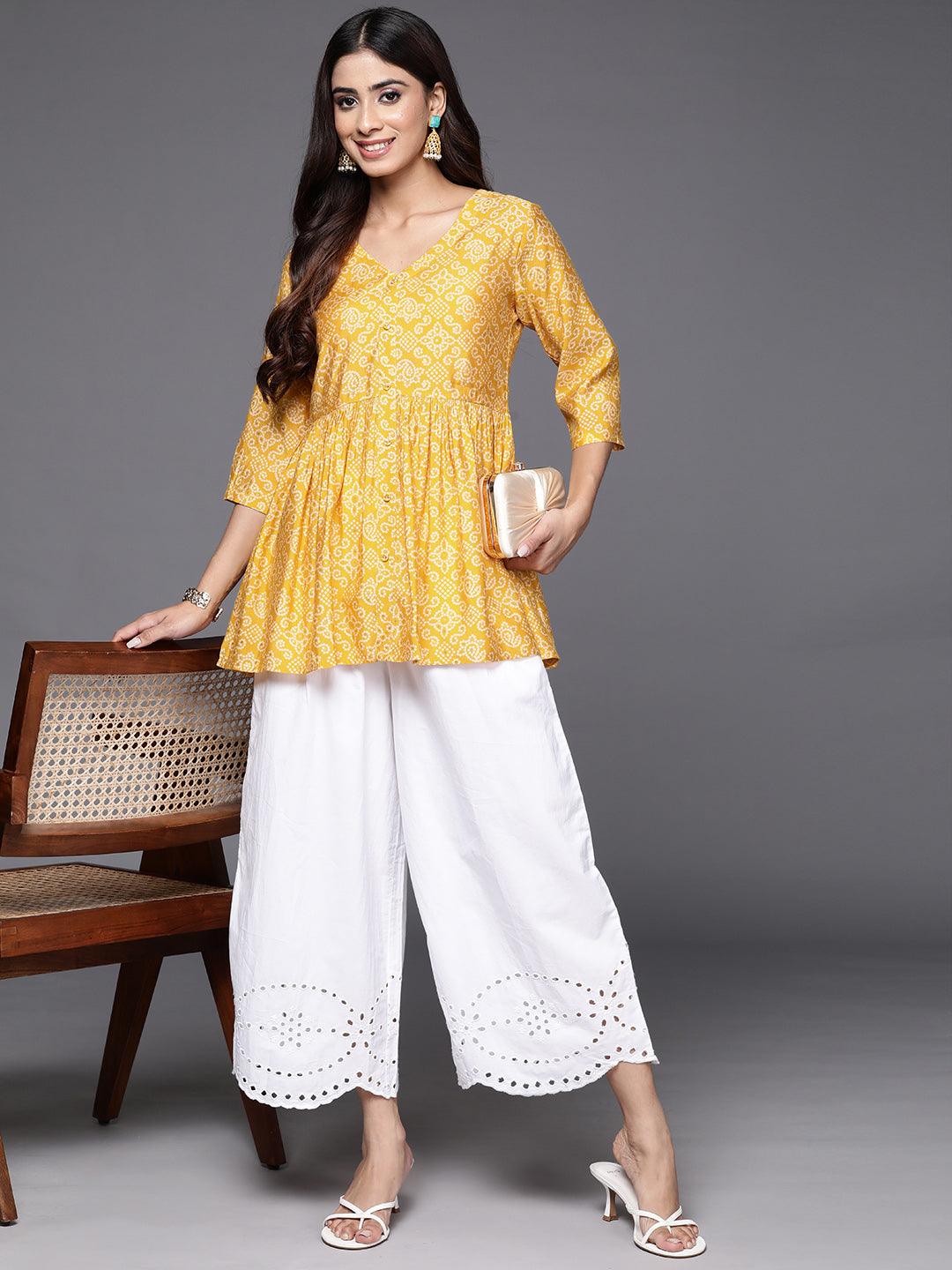 Yellow Printed Silk Blend A-Line Kurti - ShopLibas