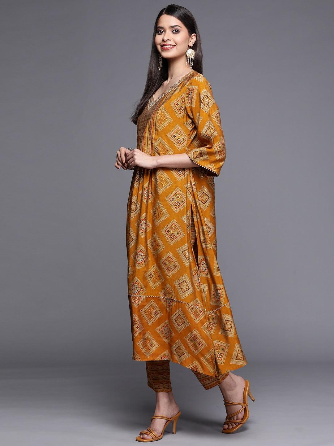 Yellow Printed Chanderi Silk Kurta - ShopLibas