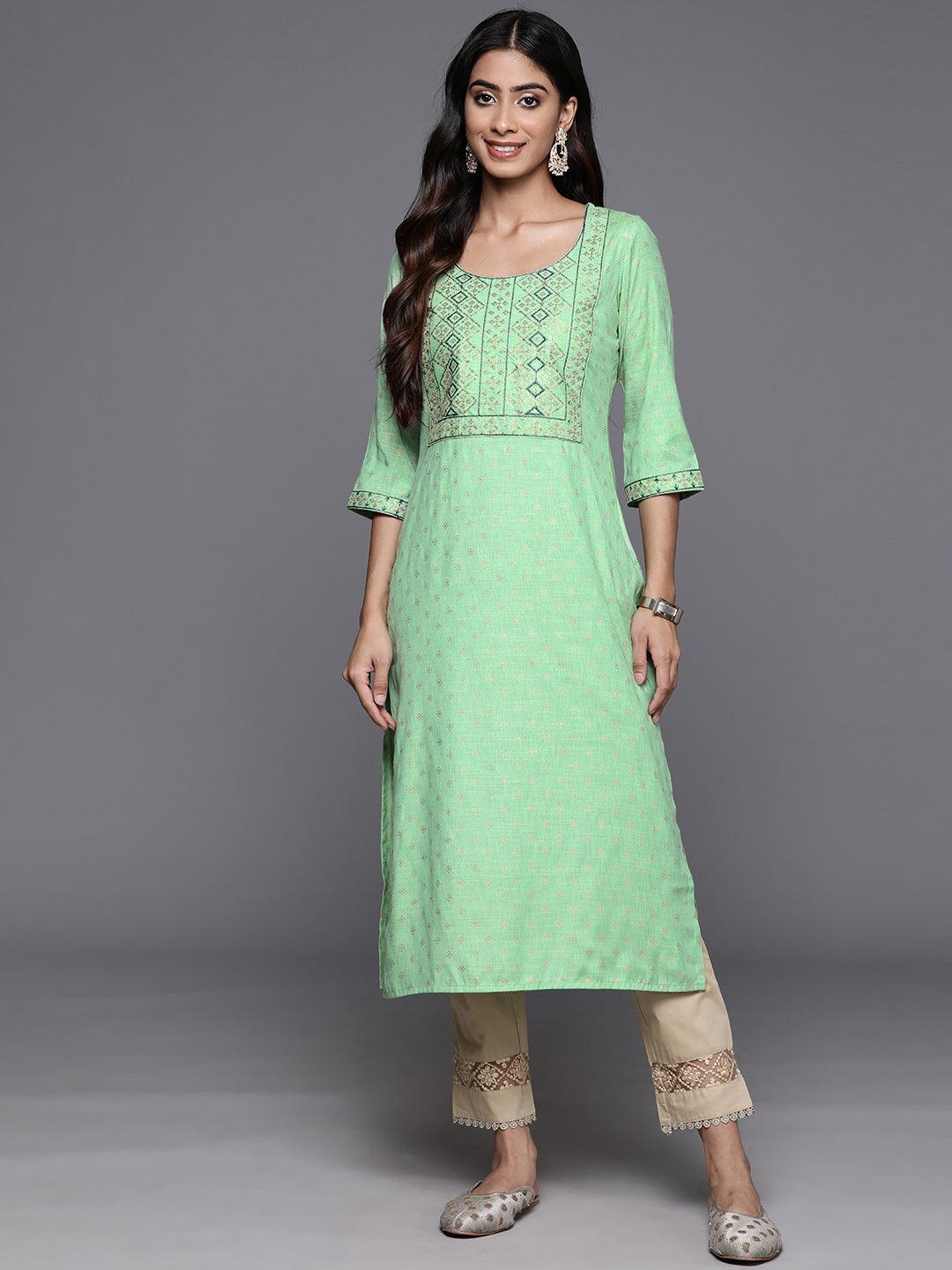 Green Printed Rayon Straight Kurta - ShopLibas