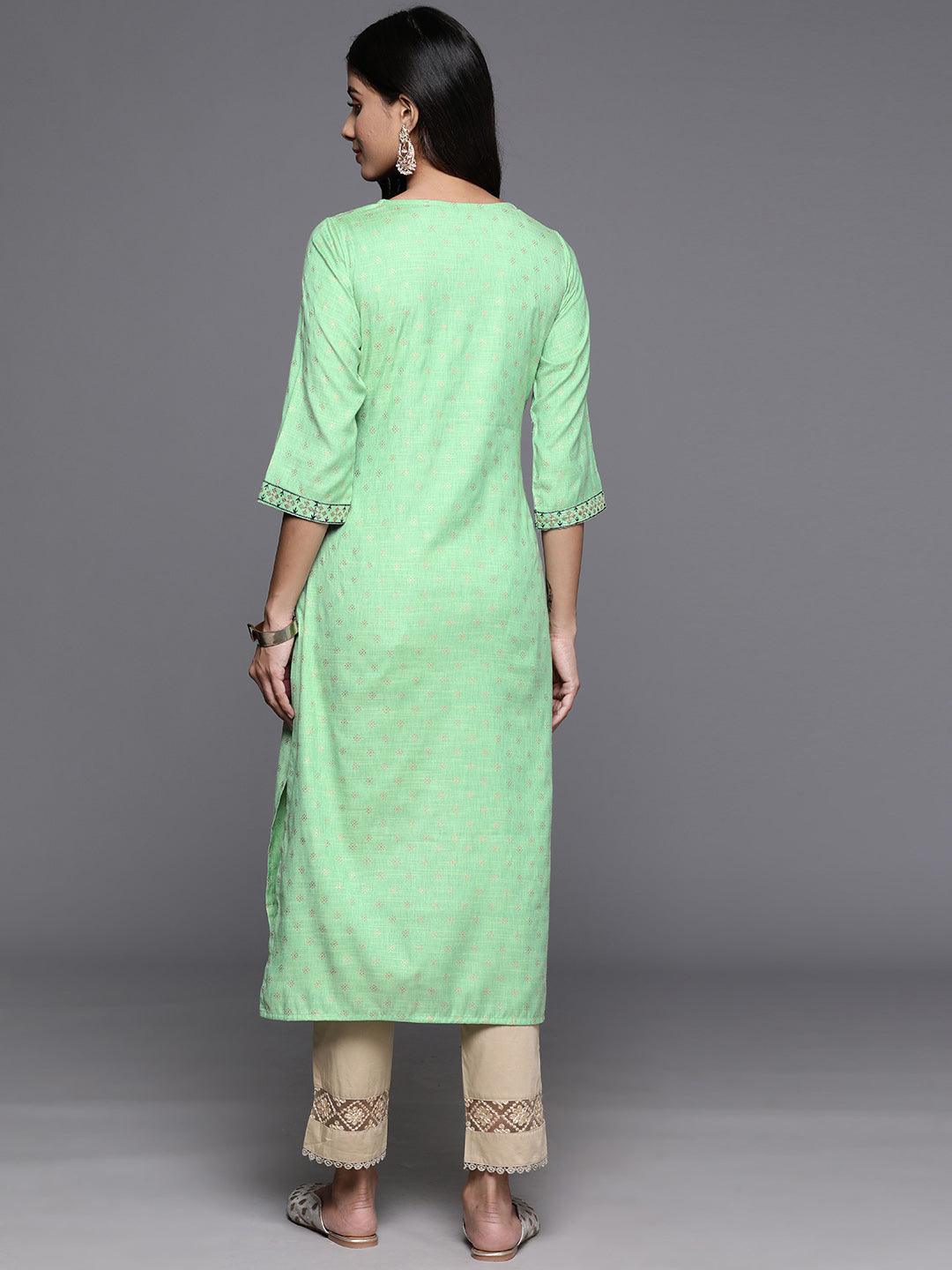 Green Printed Rayon Straight Kurta - ShopLibas