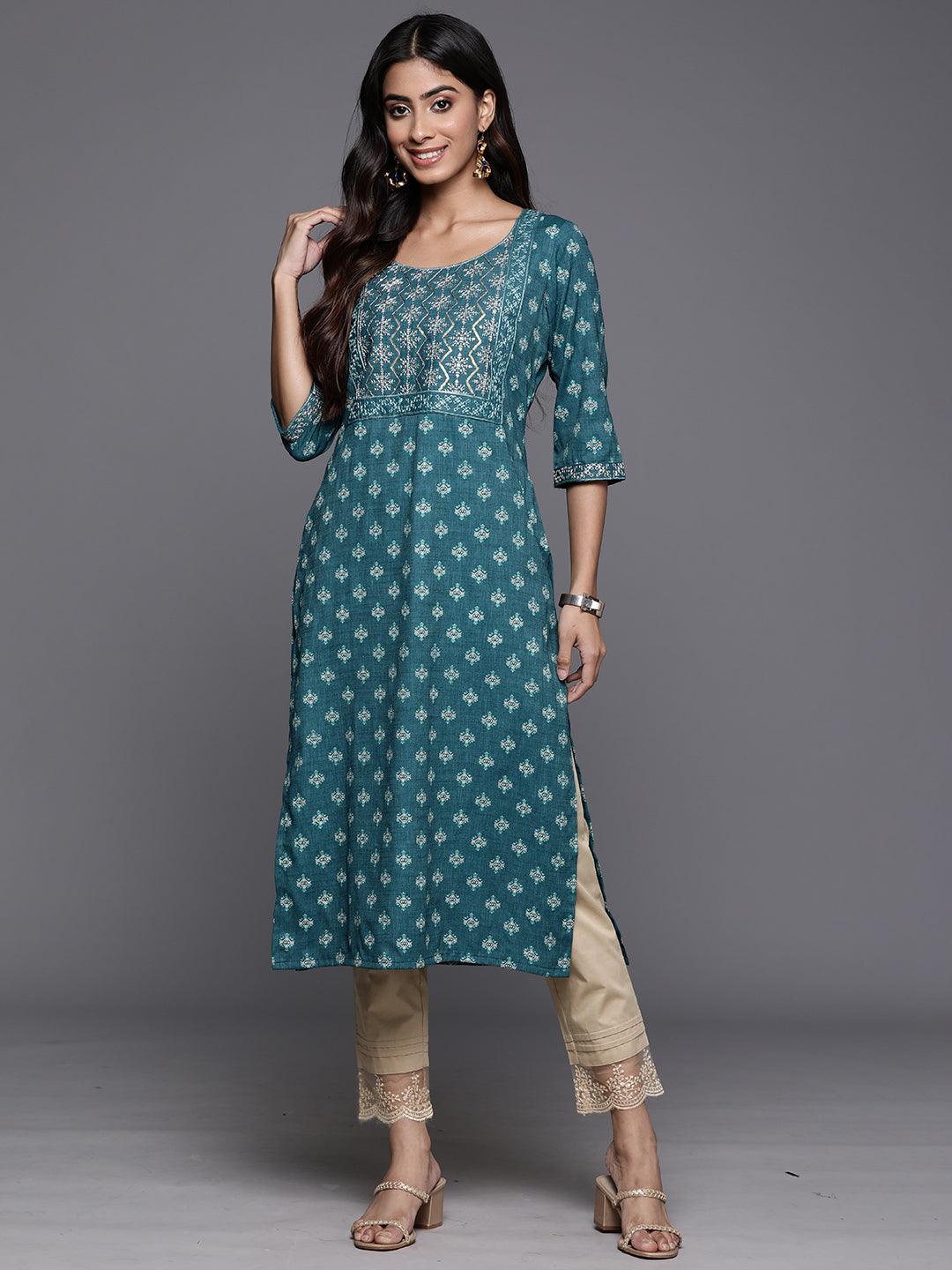 Teal Printed Rayon Straight Kurta - ShopLibas