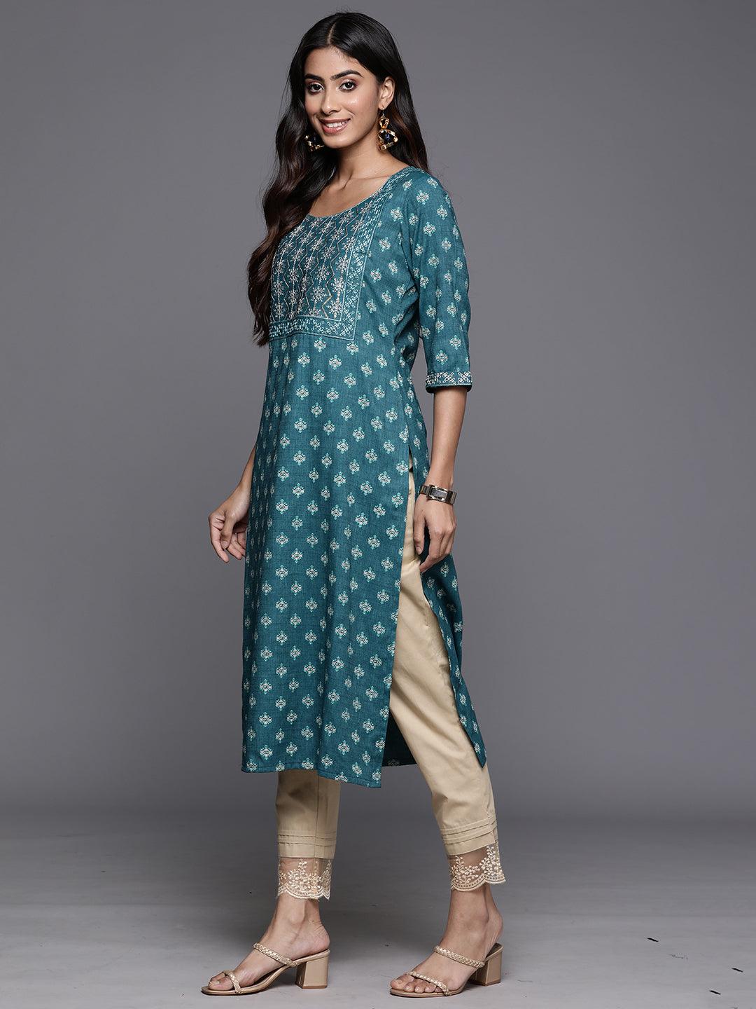 Teal Printed Rayon Straight Kurta