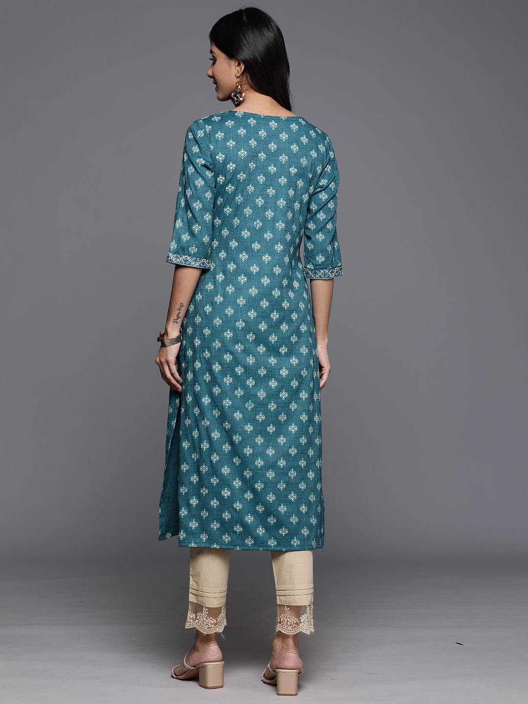 Teal Printed Rayon Straight Kurta - ShopLibas