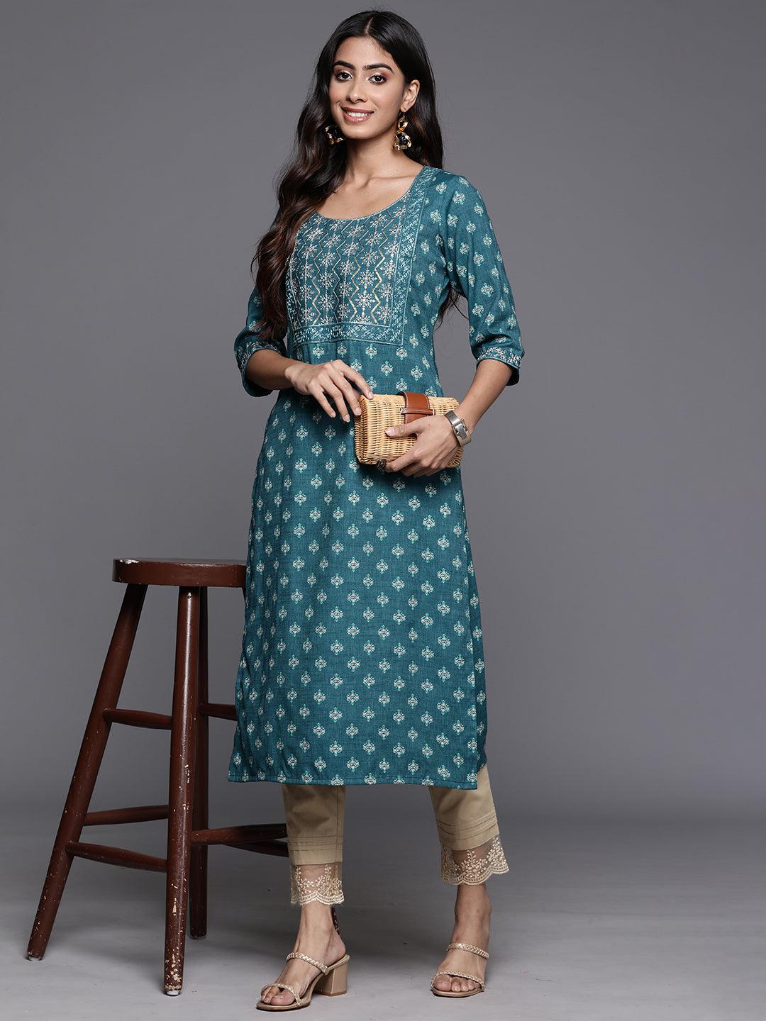 Teal Printed Rayon Straight Kurta