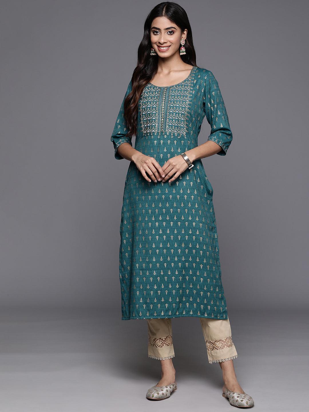 Teal Printed Rayon Straight Kurta