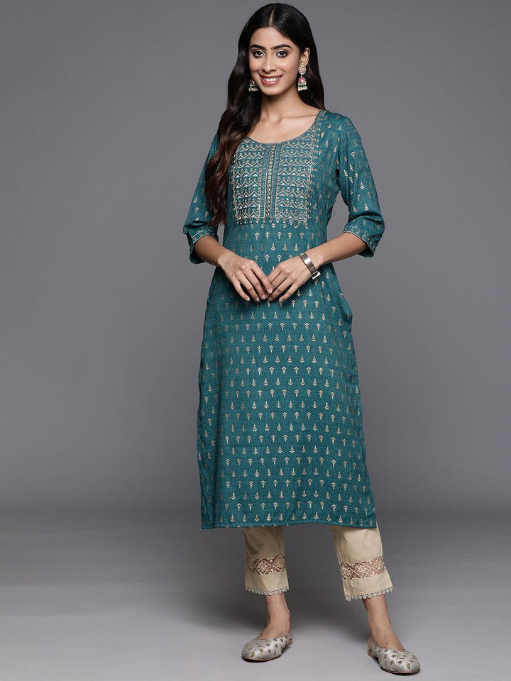 Teal Printed Rayon Straight Kurta - ShopLibas