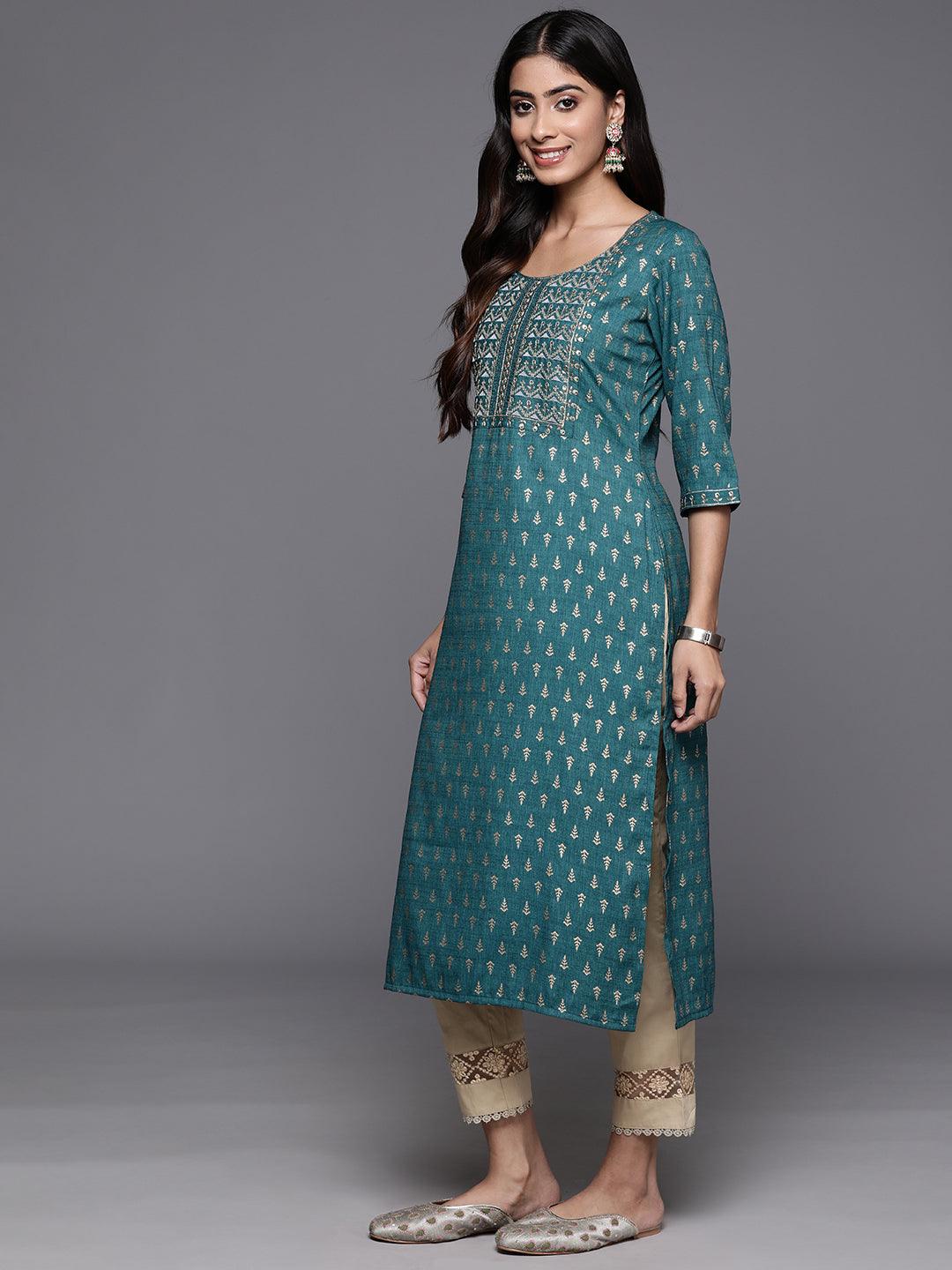 Teal Printed Rayon Straight Kurta