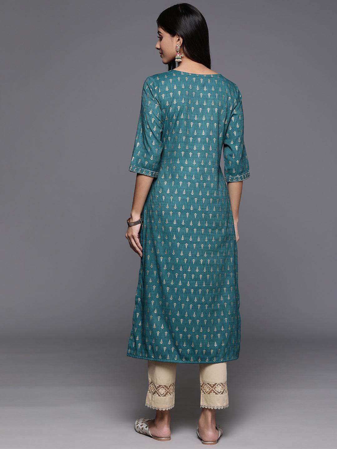 Teal Printed Rayon Straight Kurta