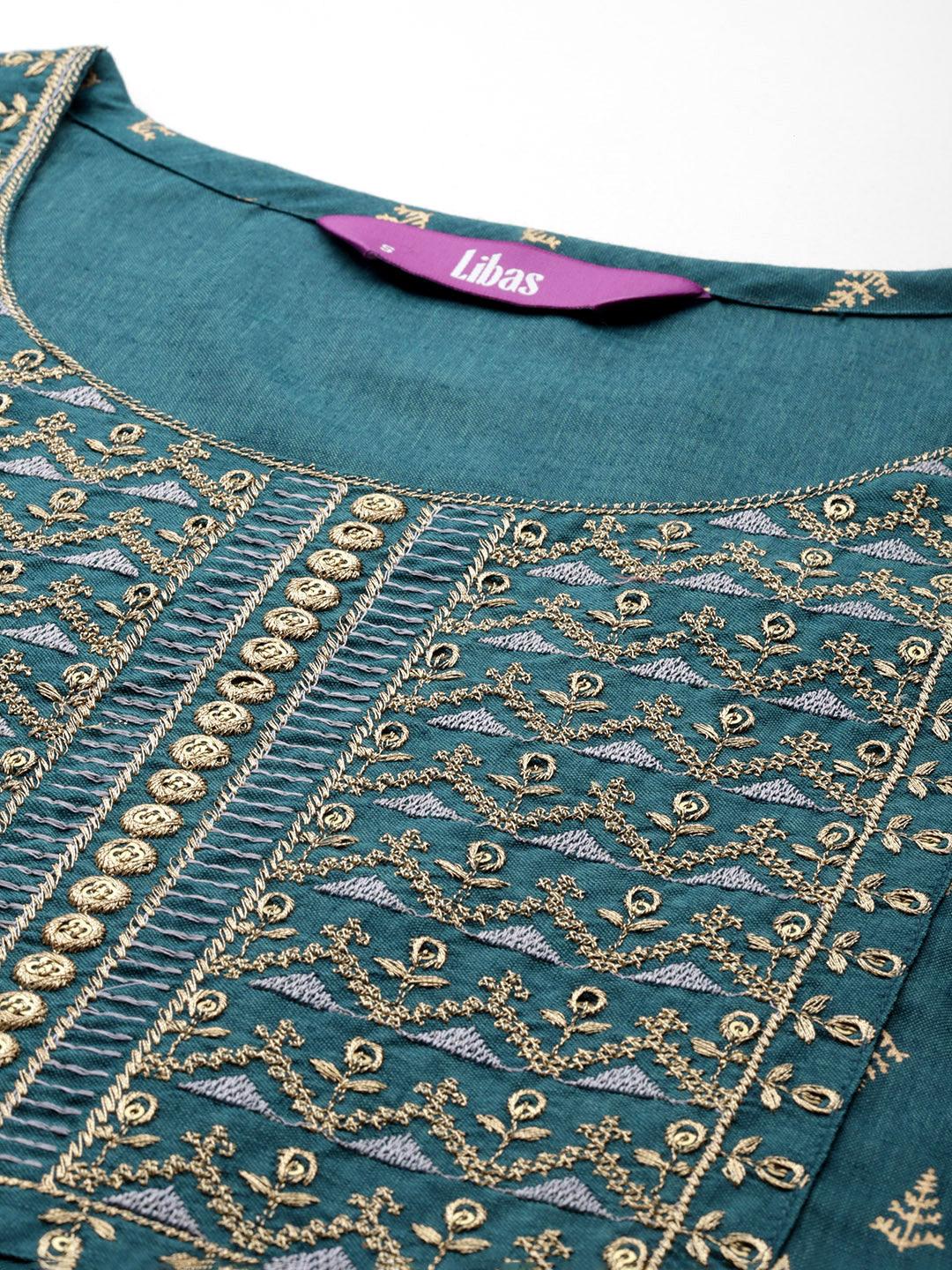 Teal Printed Rayon Straight Kurta