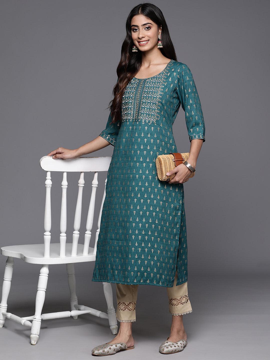 Teal Printed Rayon Straight Kurta