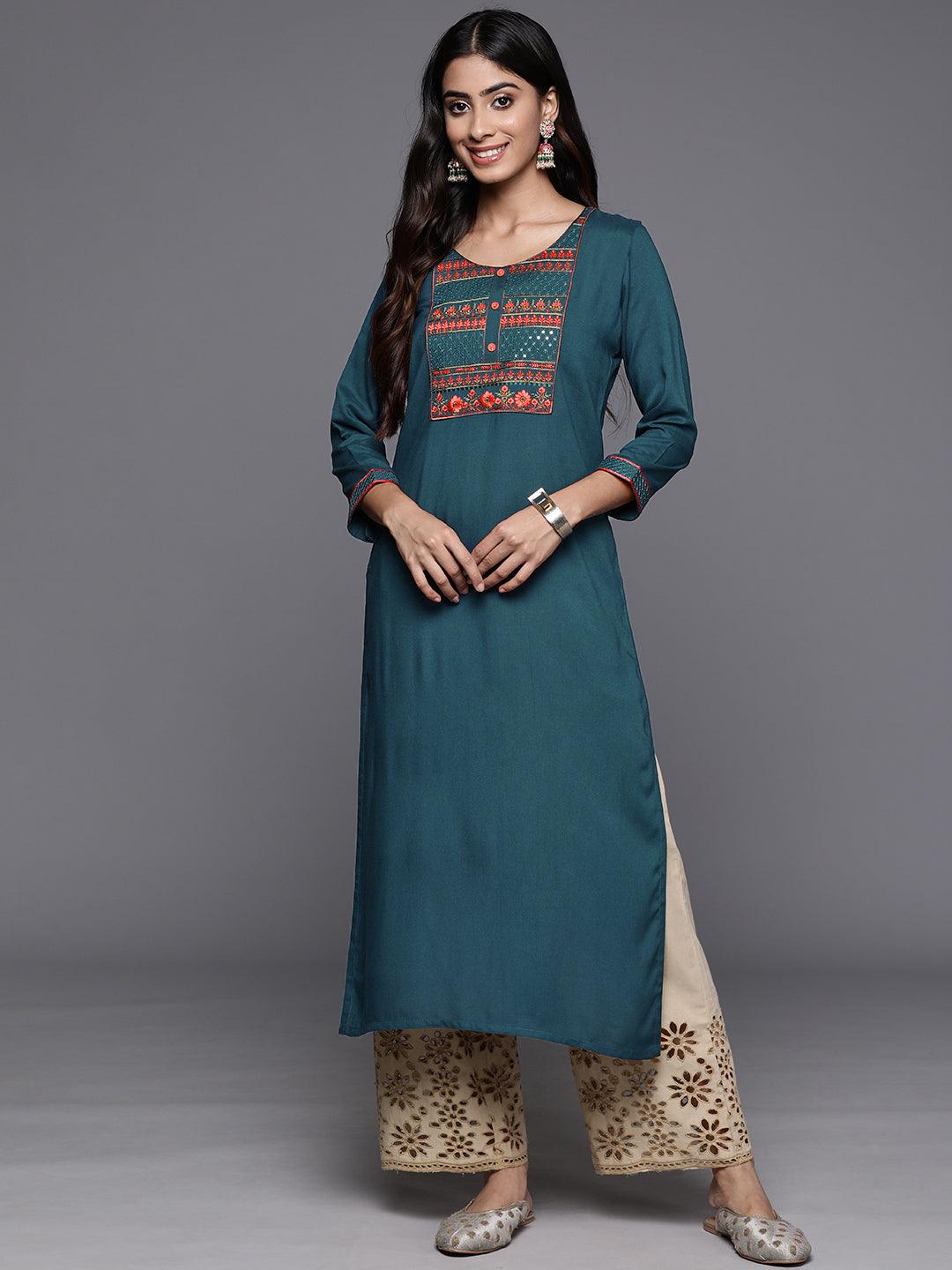 Teal Yoke Design Rayon Straight Kurta