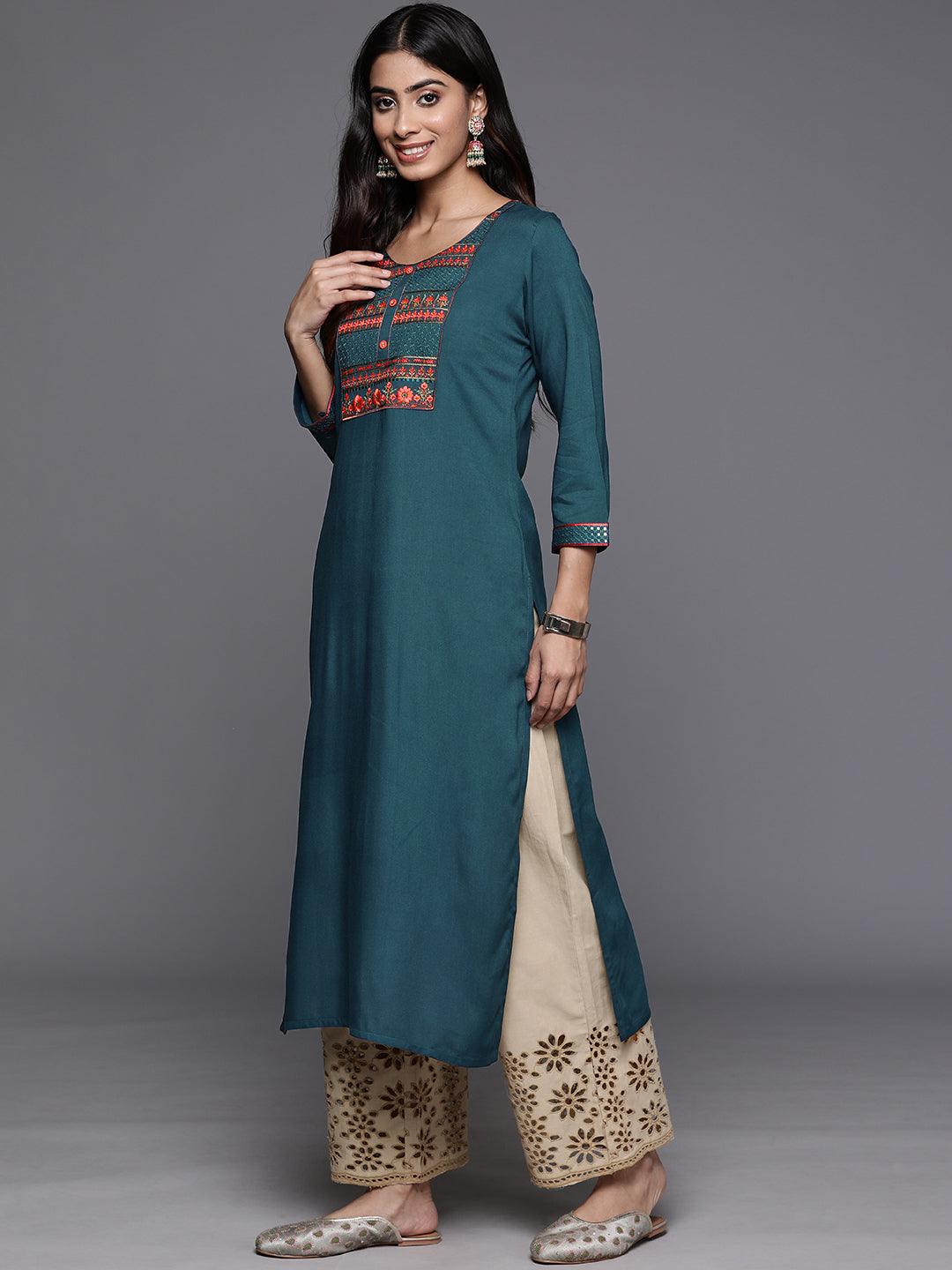 Teal Yoke Design Rayon Straight Kurta