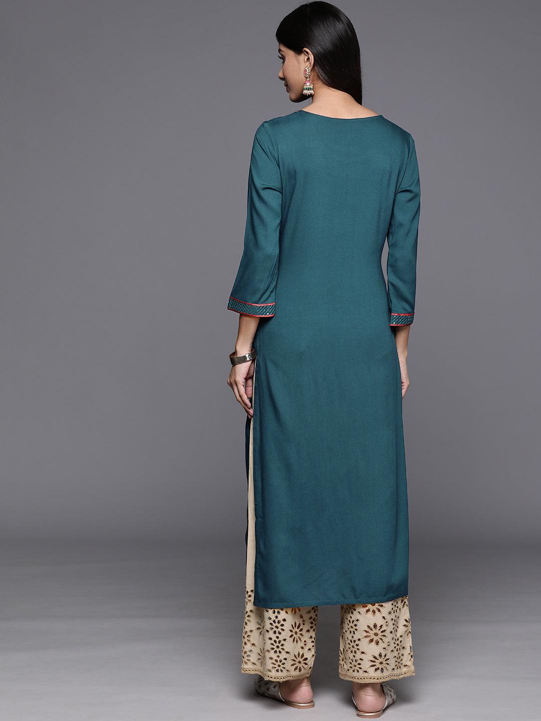 Teal Yoke Design Rayon Straight Kurta