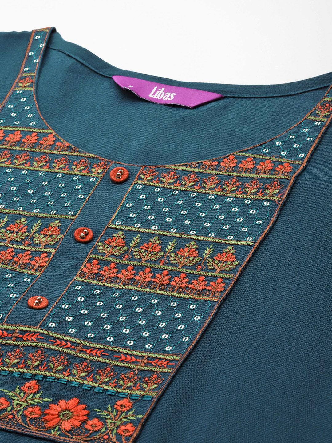 Teal Yoke Design Rayon Straight Kurta