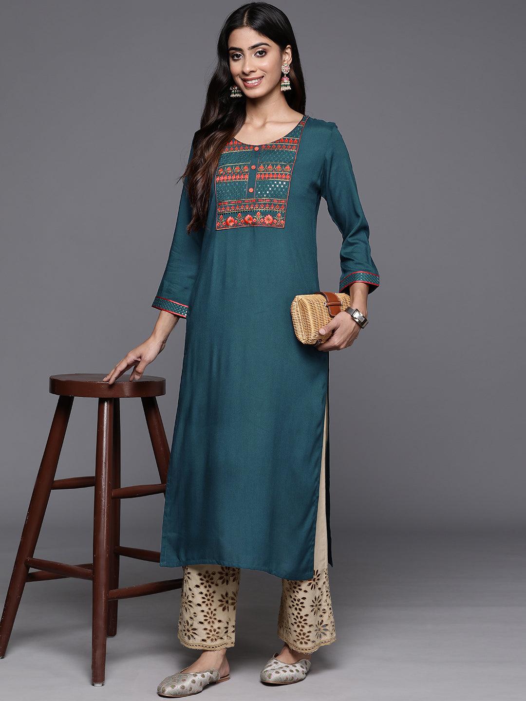 Teal Yoke Design Rayon Straight Kurta