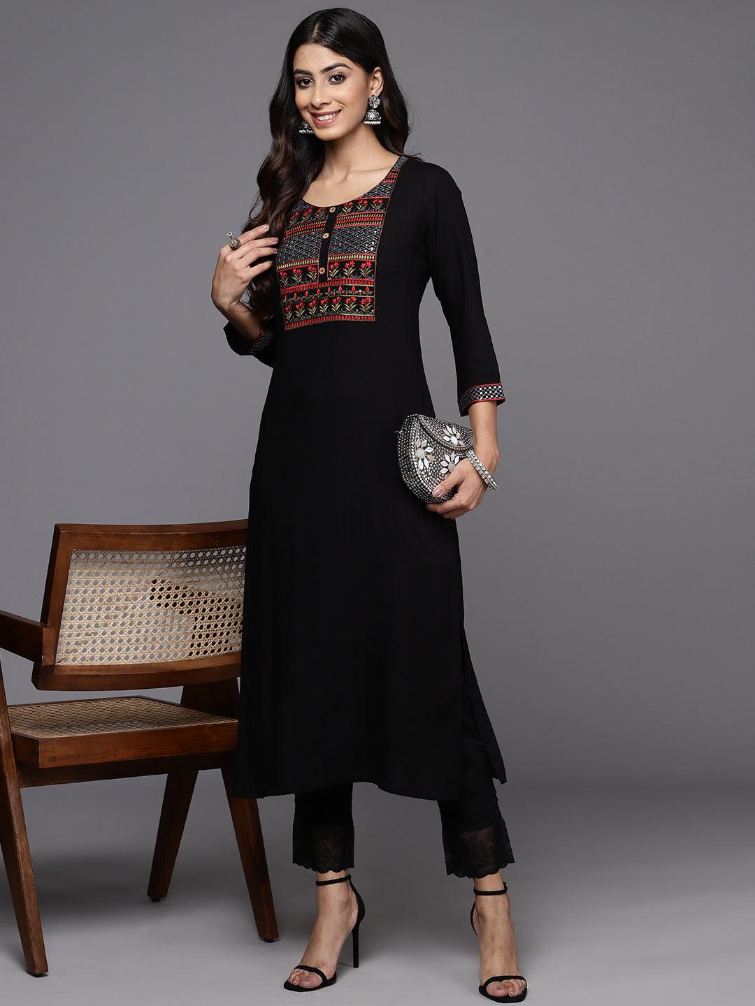 Black Yoke Design Rayon Straight Kurta - ShopLibas