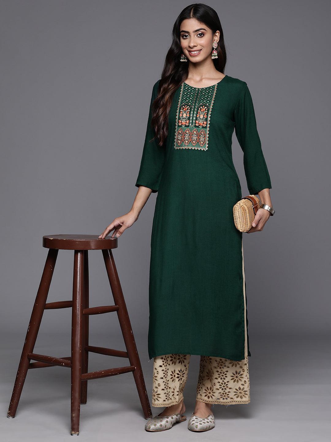 Green Yoke Design Rayon Straight Kurta - ShopLibas