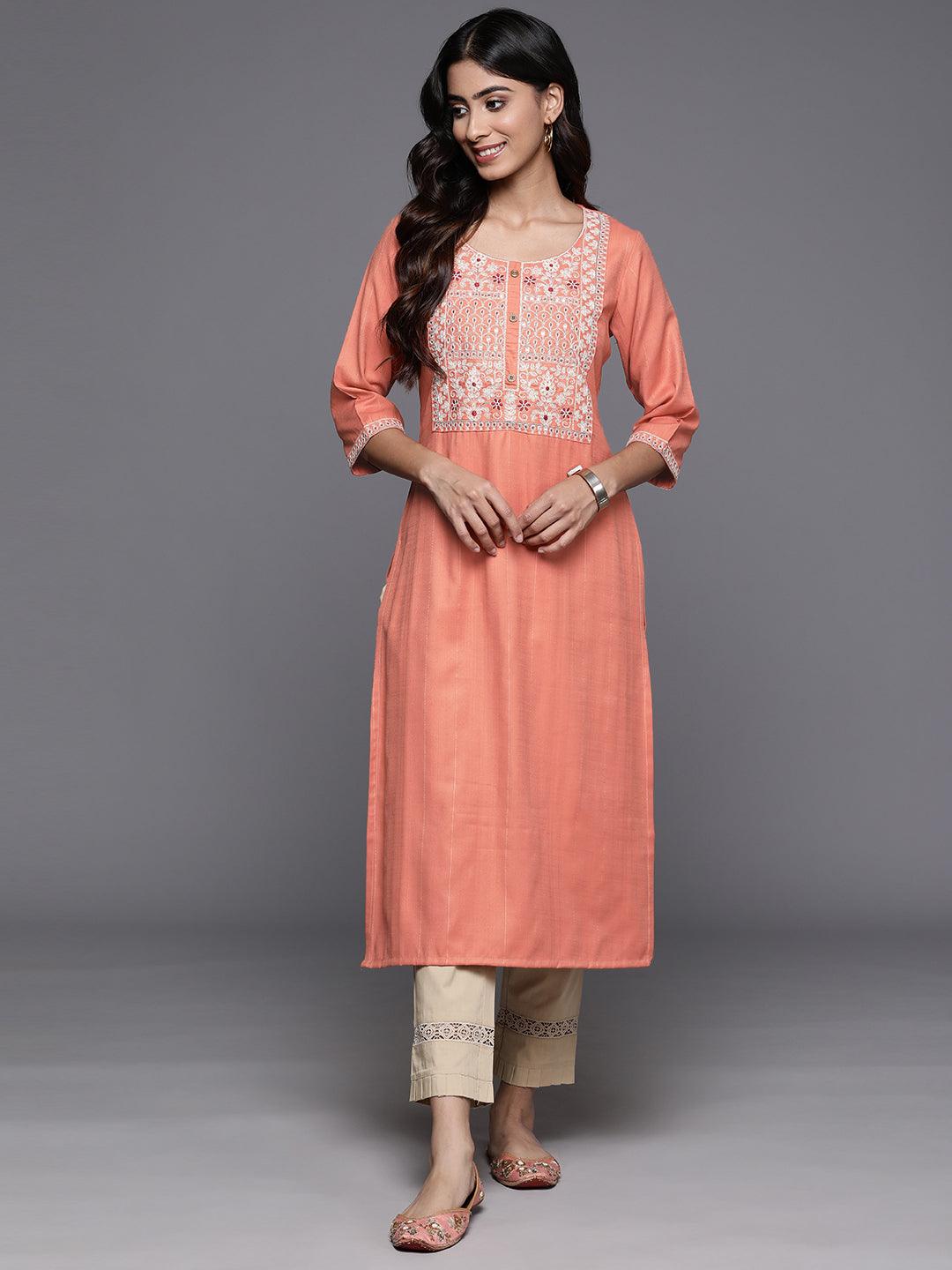 Orange Yoke Design Rayon Straight Kurta