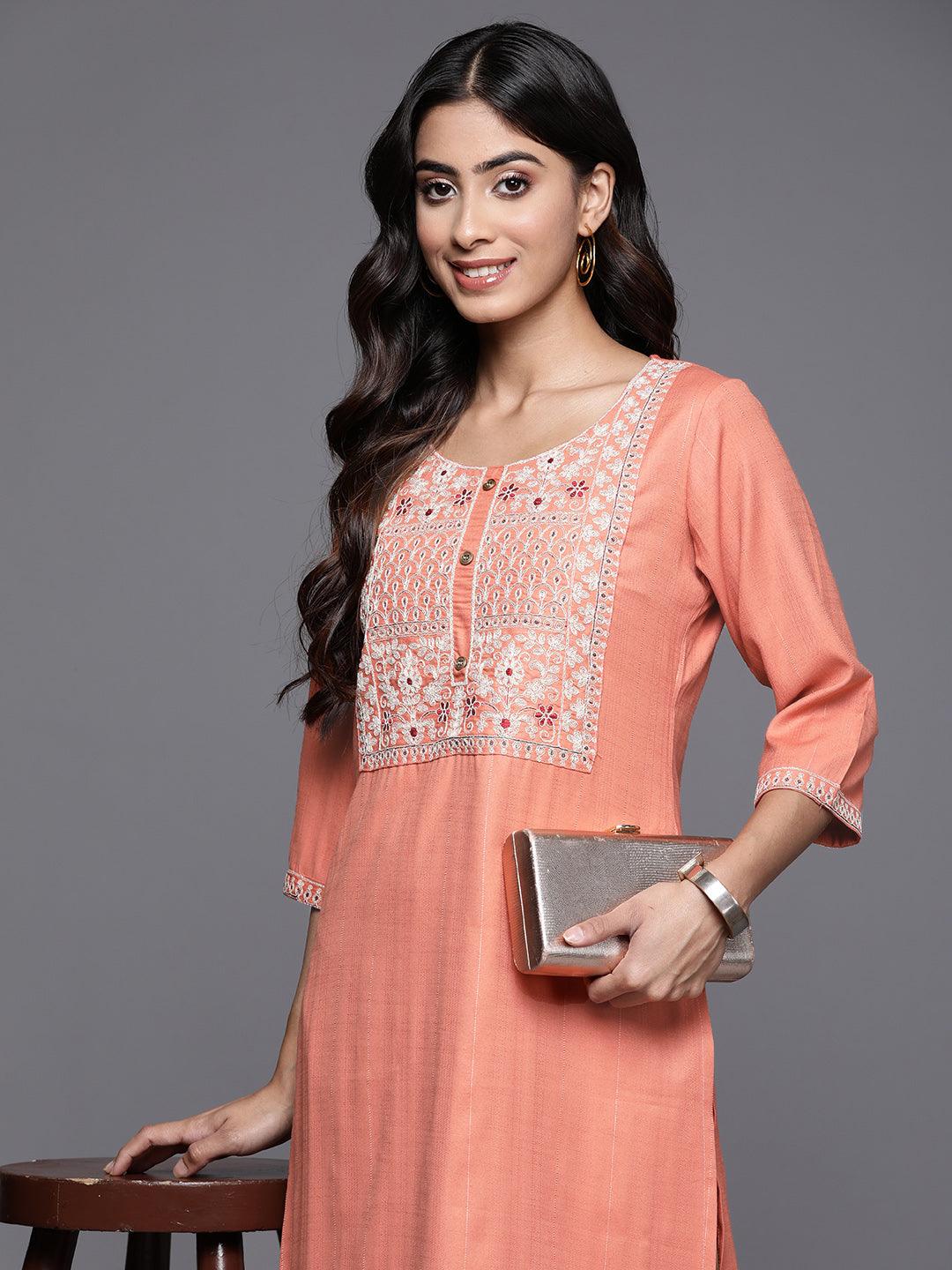 Orange Yoke Design Rayon Straight Kurta