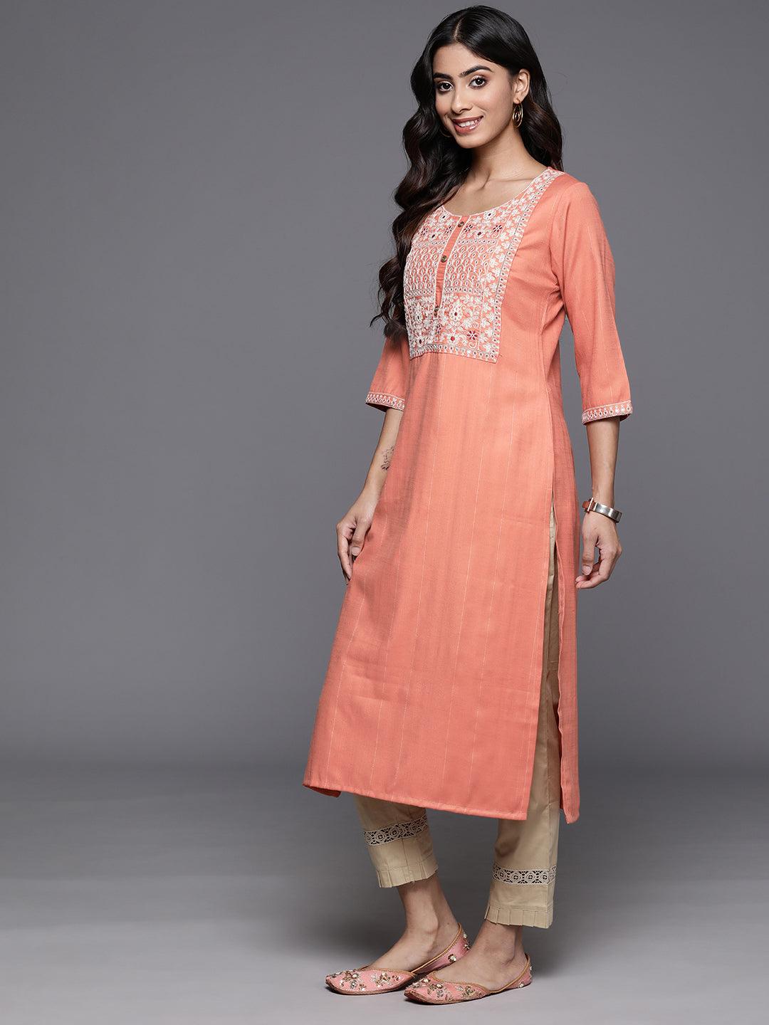 Orange Yoke Design Rayon Straight Kurta