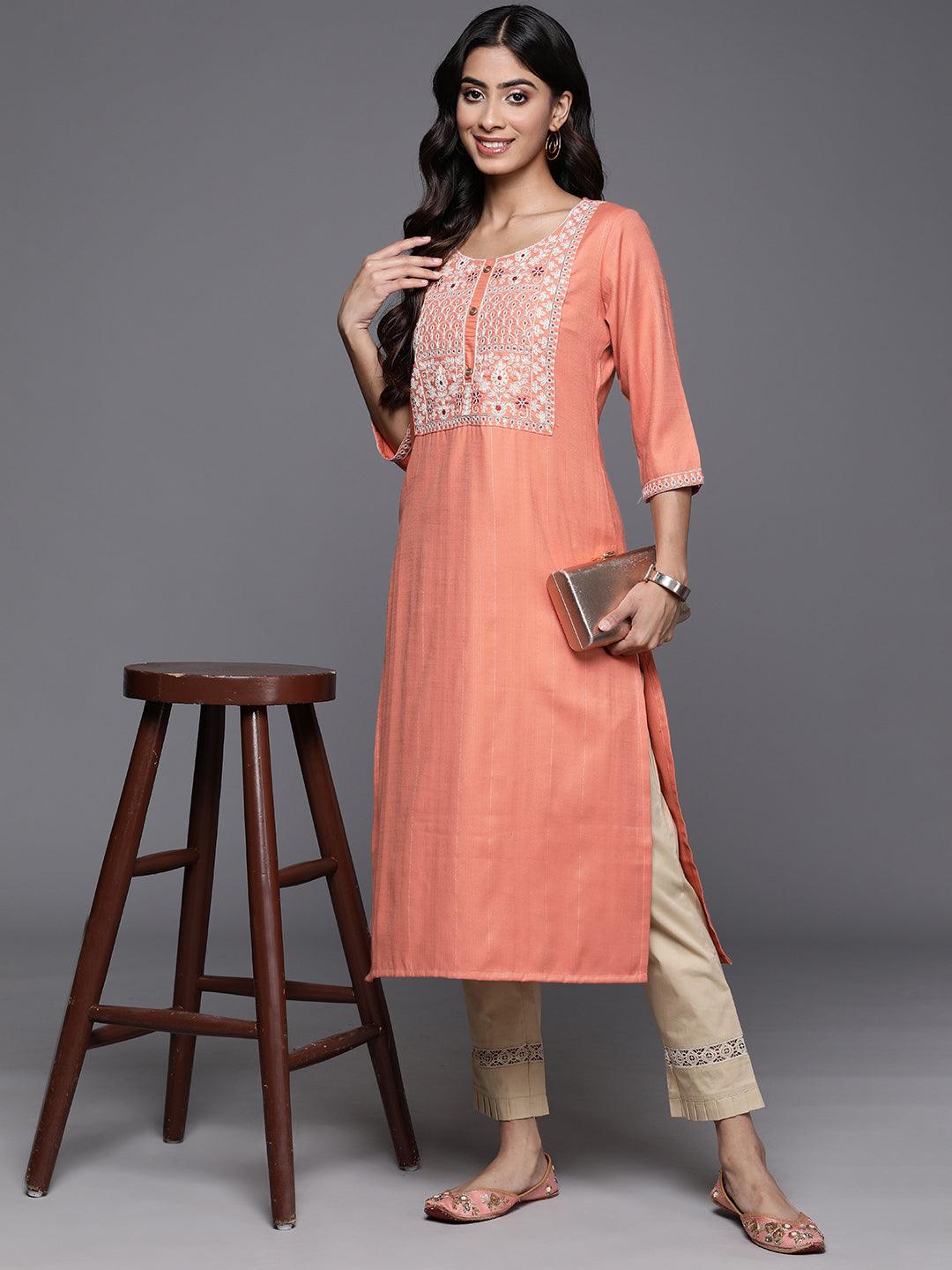 Orange Yoke Design Rayon Straight Kurta