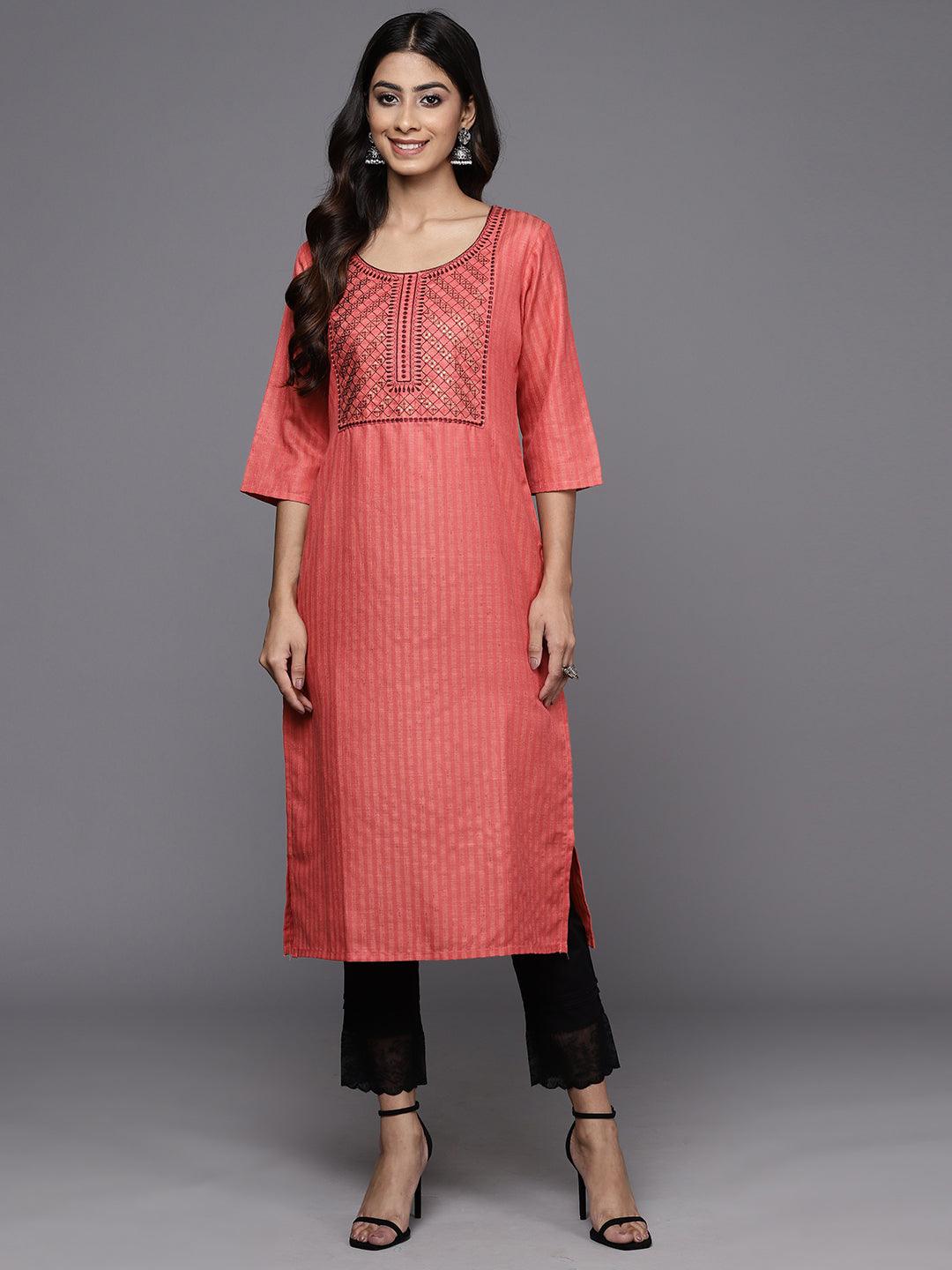 Pink Yoke Design Cotton Straight Kurta