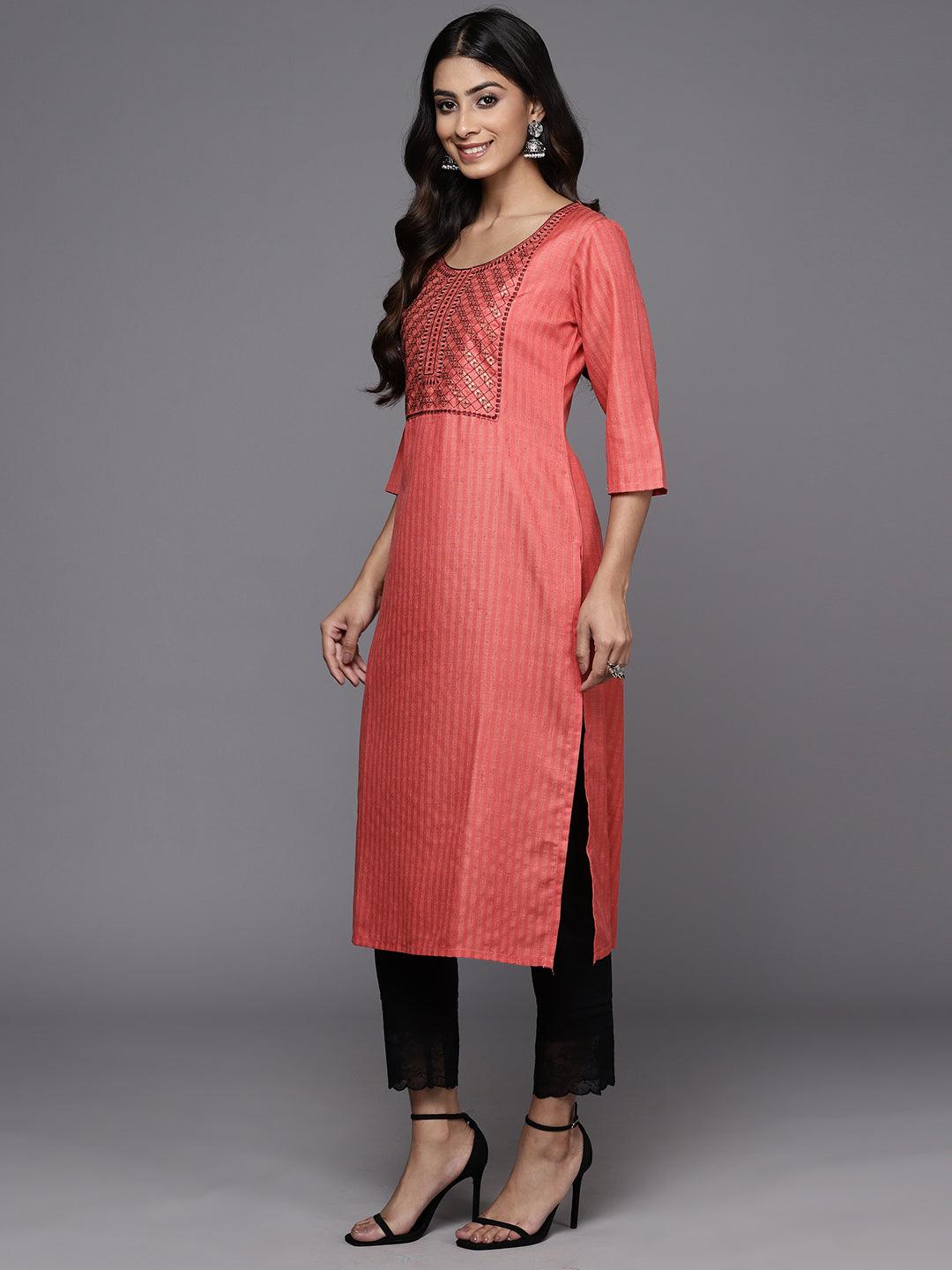 Pink Yoke Design Cotton Straight Kurta