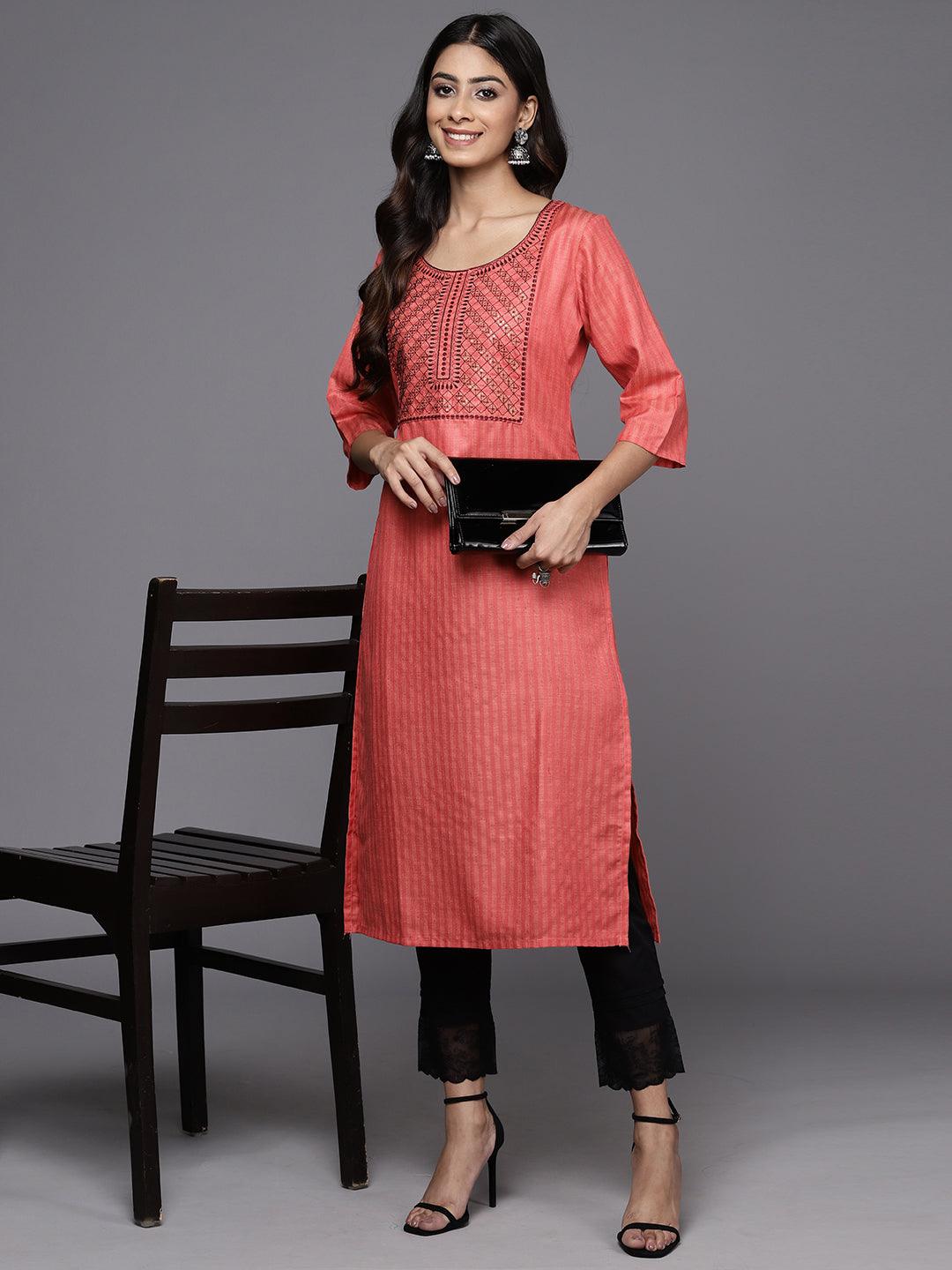 Pink Yoke Design Cotton Straight Kurta