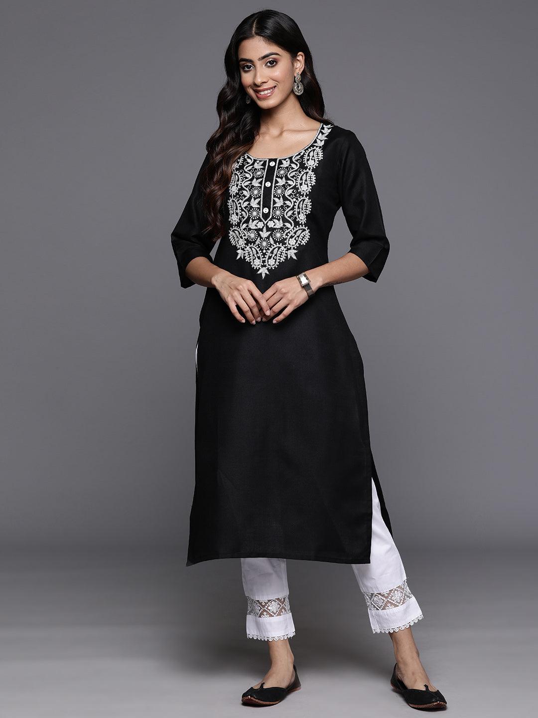 Black Yoke Design Cotton Straight Kurta - ShopLibas