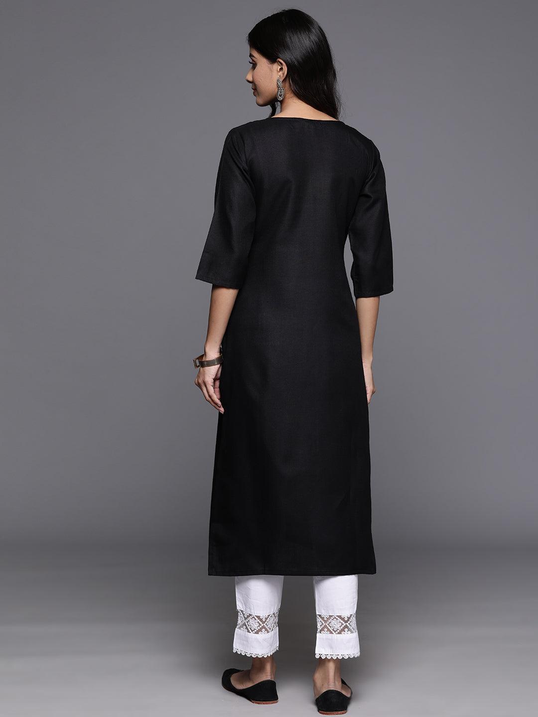 Black Yoke Design Cotton Straight Kurta - ShopLibas