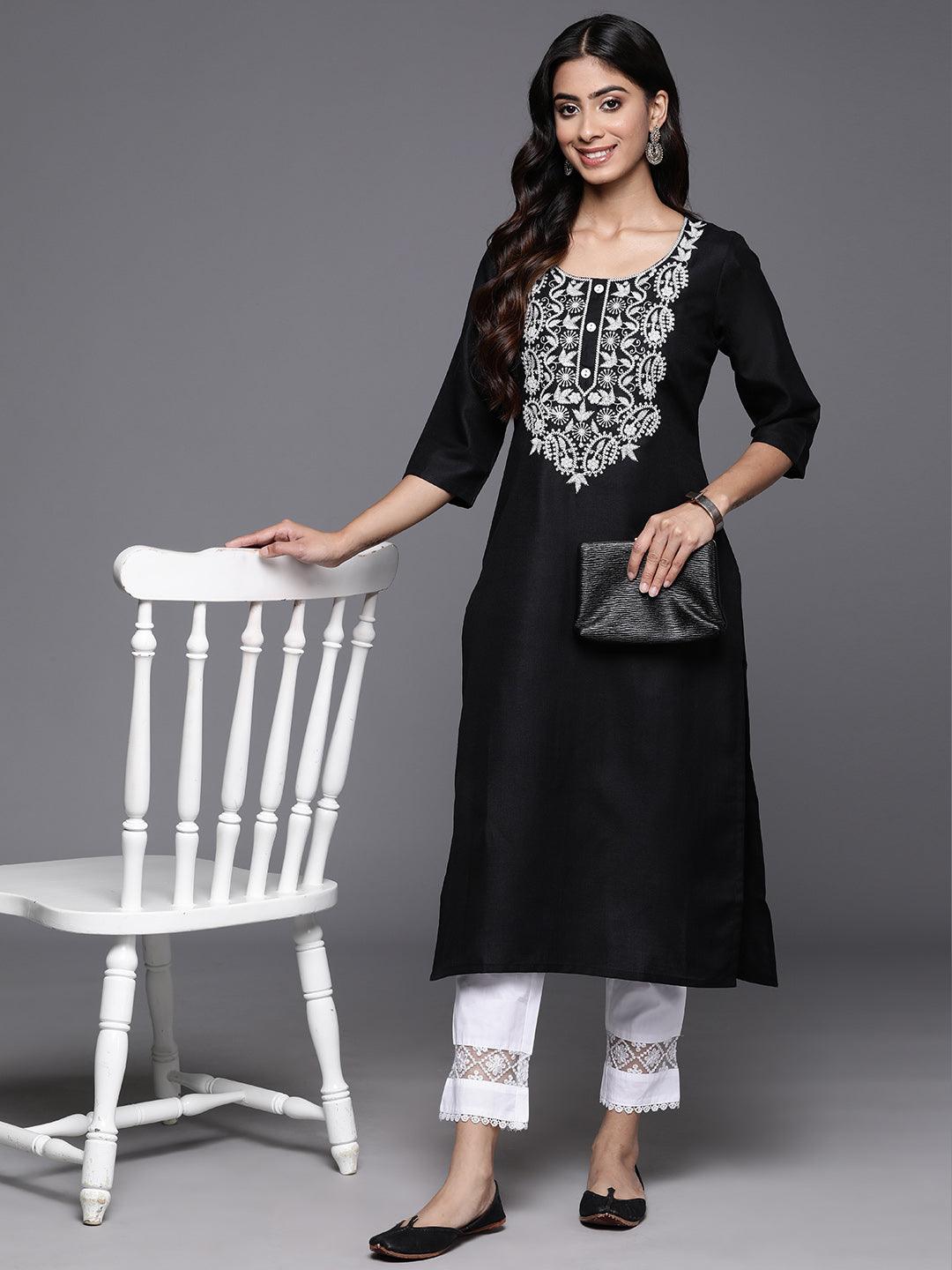 Black Yoke Design Cotton Straight Kurta - ShopLibas