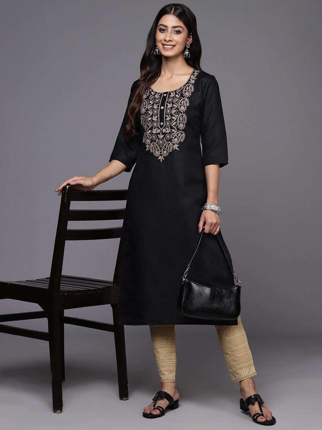 Black Yoke Design Cotton Straight Kurta