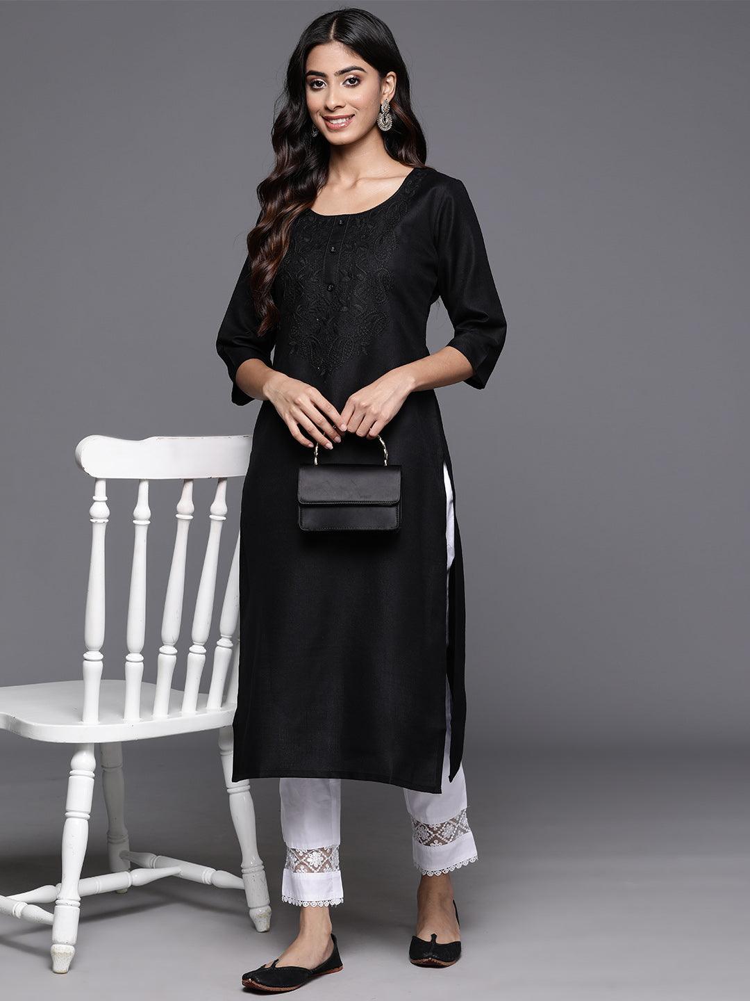 Black Yoke Design Cotton Straight Kurta - ShopLibas