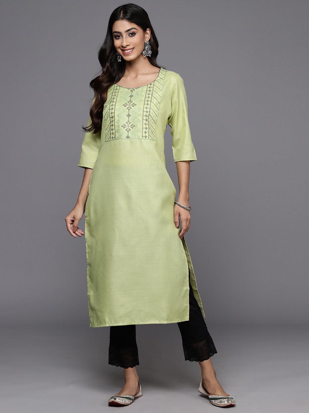 Green Yoke Design Cotton Straight Kurta - ShopLibas