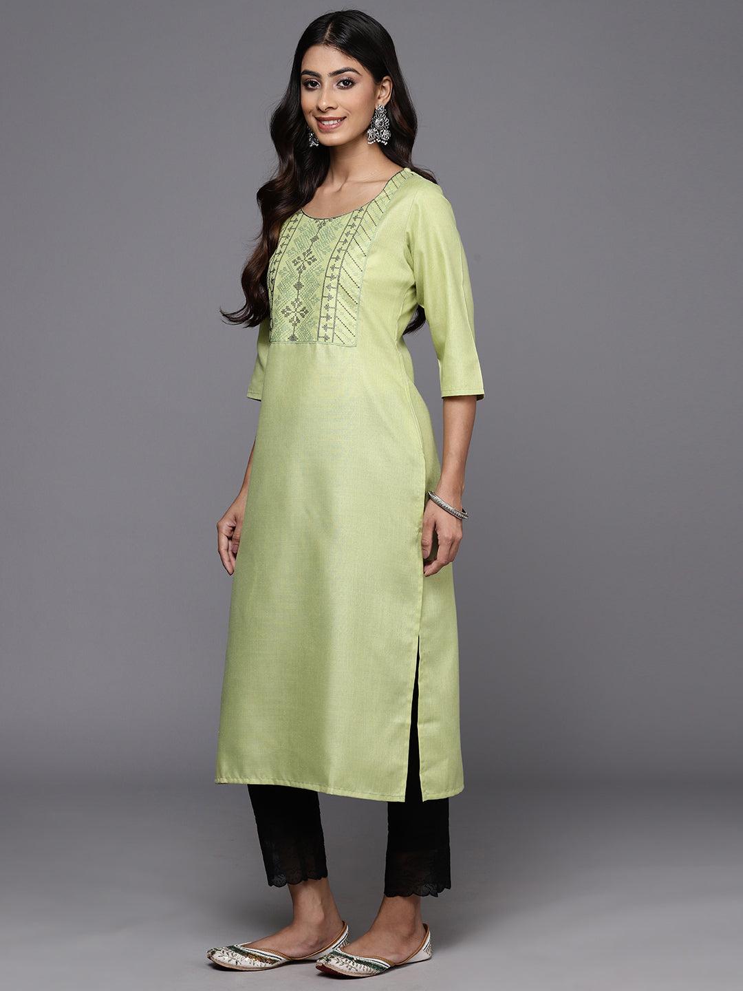 Green Yoke Design Cotton Straight Kurta - ShopLibas