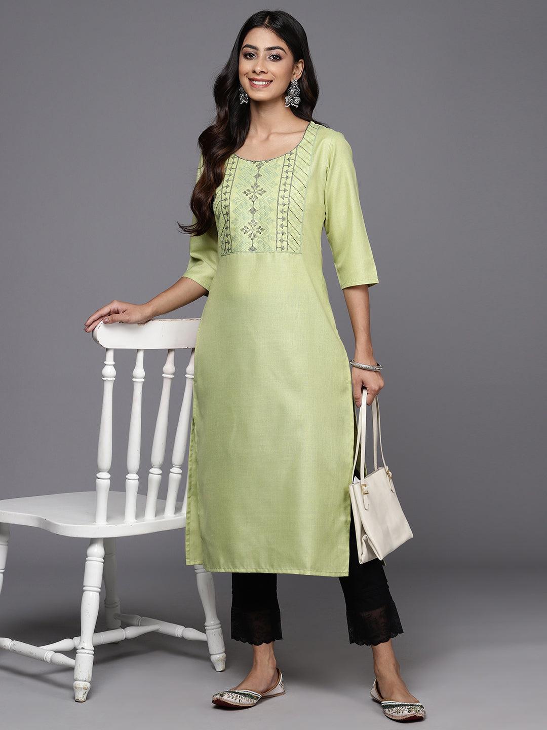 Green Yoke Design Cotton Straight Kurta - ShopLibas