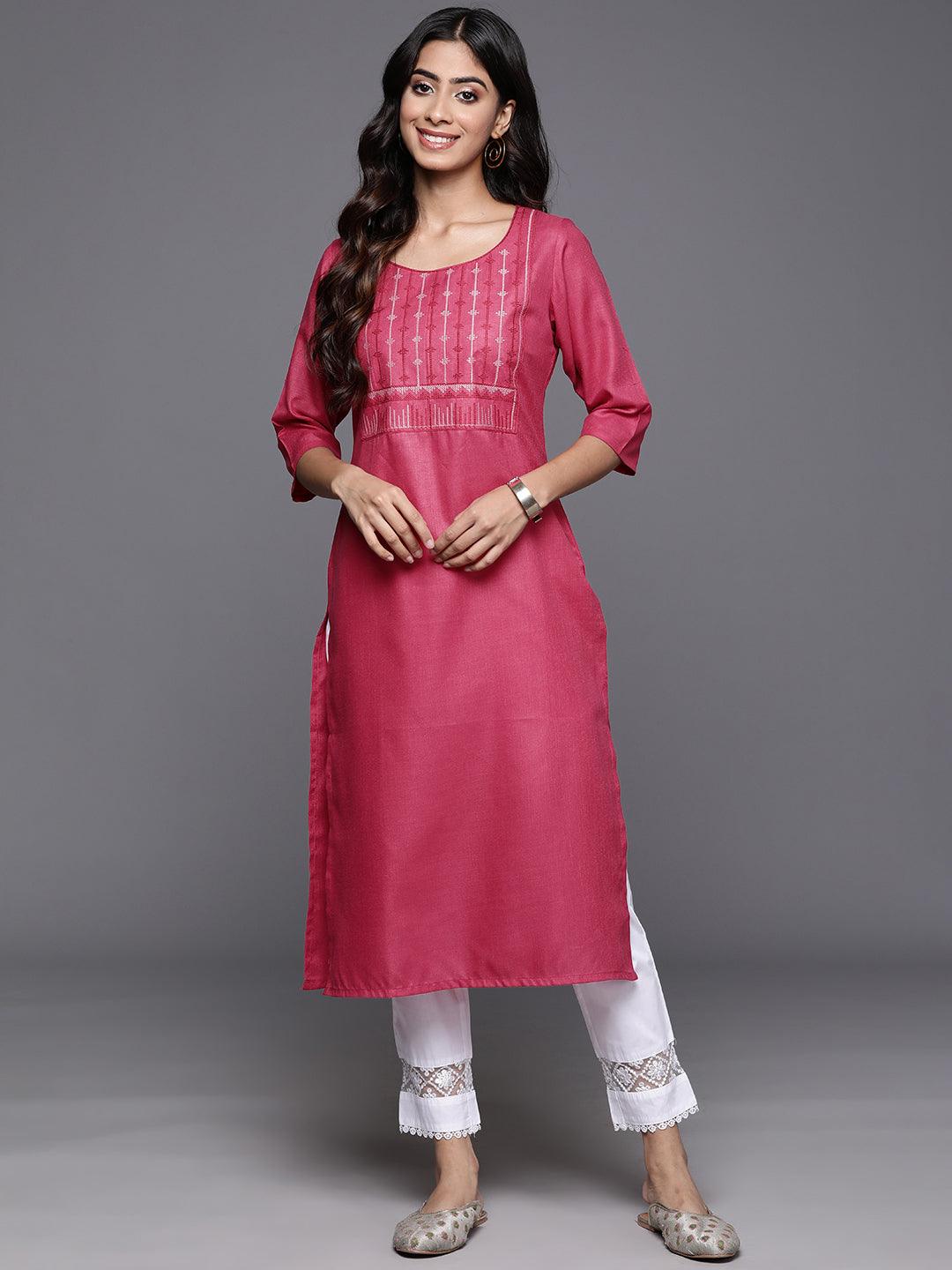 Pink Yoke Design Cotton Straight Kurta