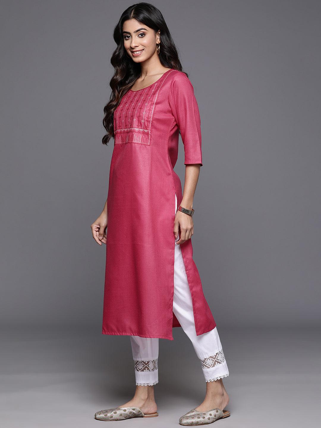 Pink Yoke Design Cotton Straight Kurta - ShopLibas