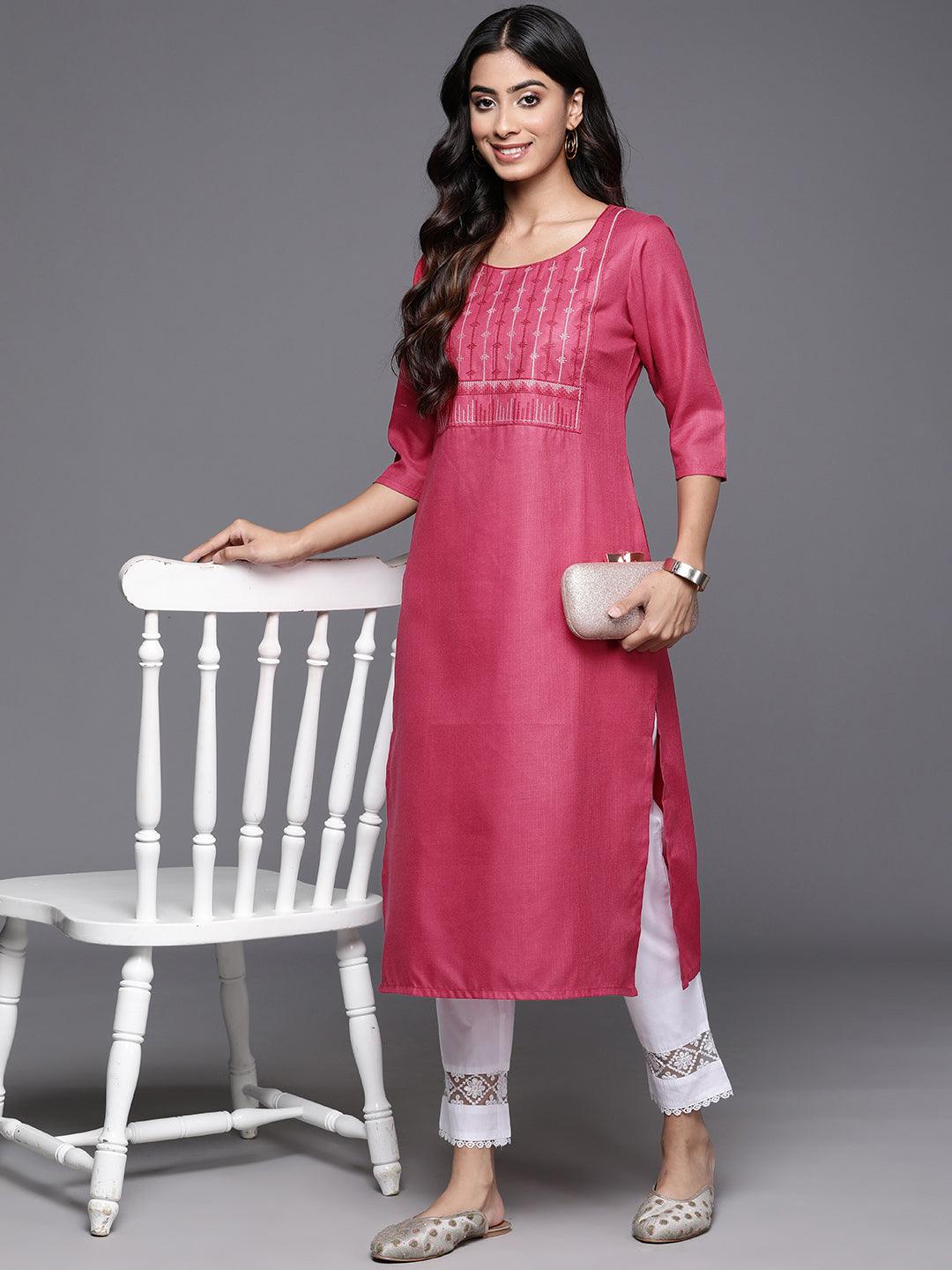 Pink Yoke Design Cotton Straight Kurta