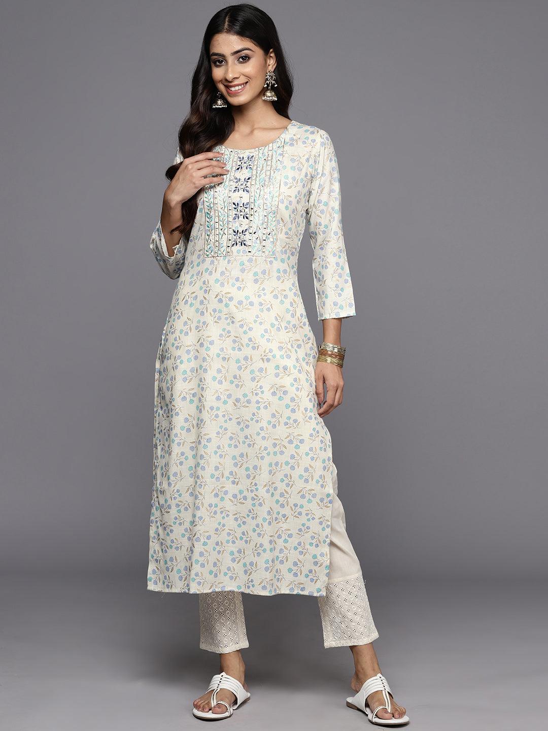 Off White Printed Cotton Straight Kurta