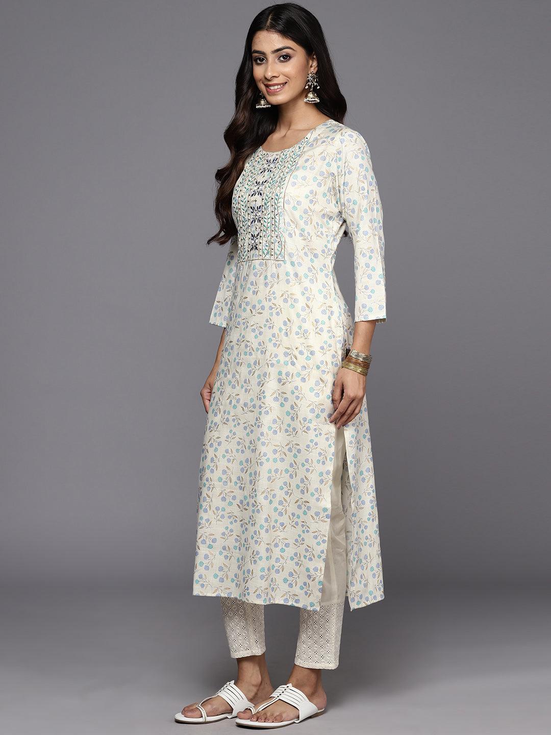 Off White Printed Cotton Straight Kurta