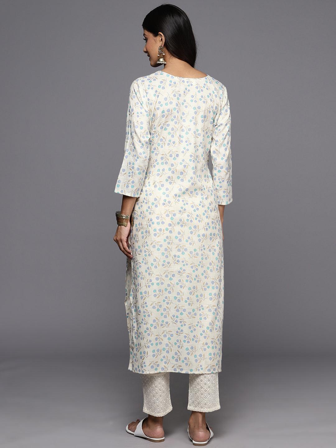 Off White Printed Cotton Straight Kurta