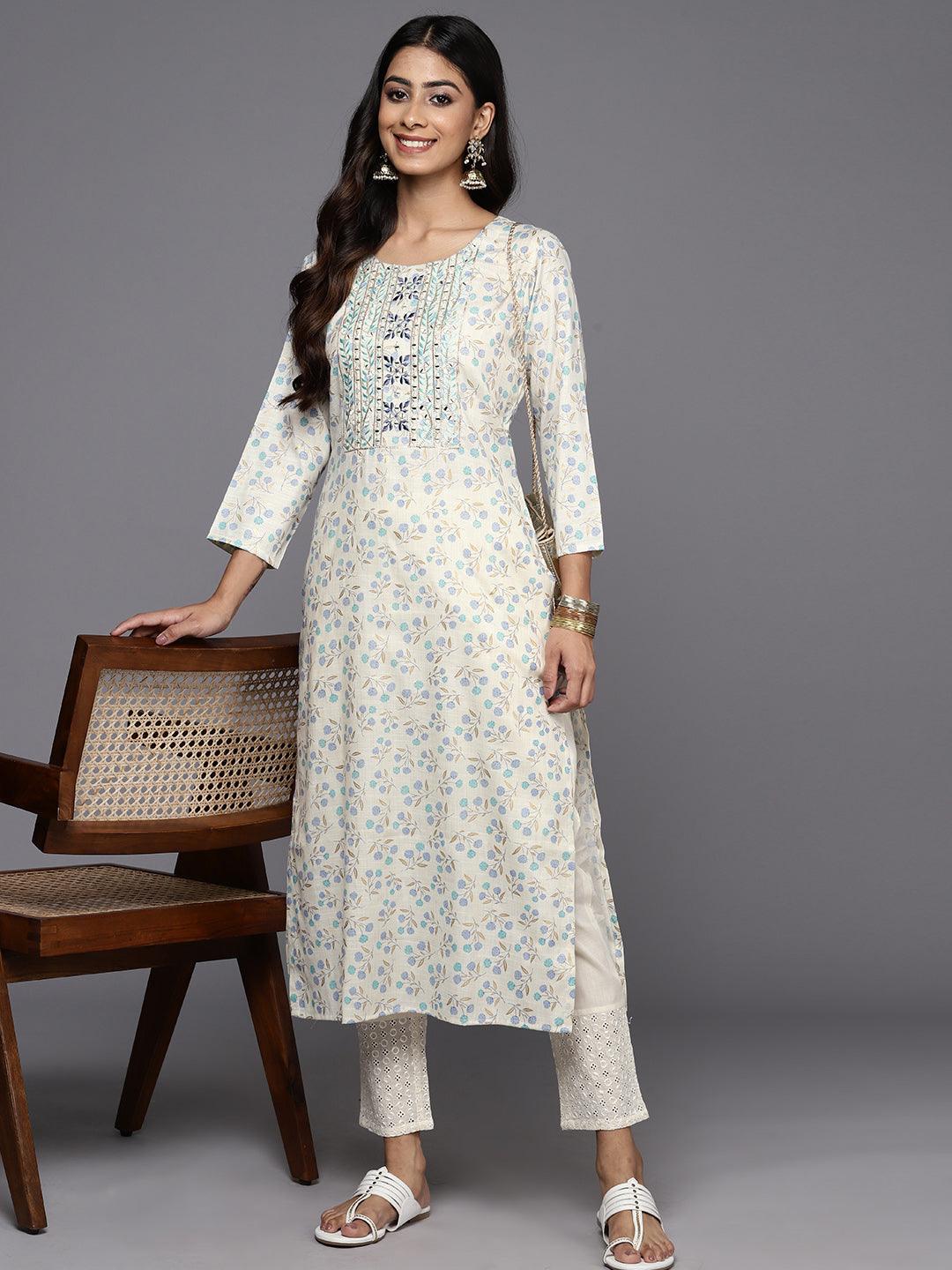 Off White Printed Cotton Straight Kurta