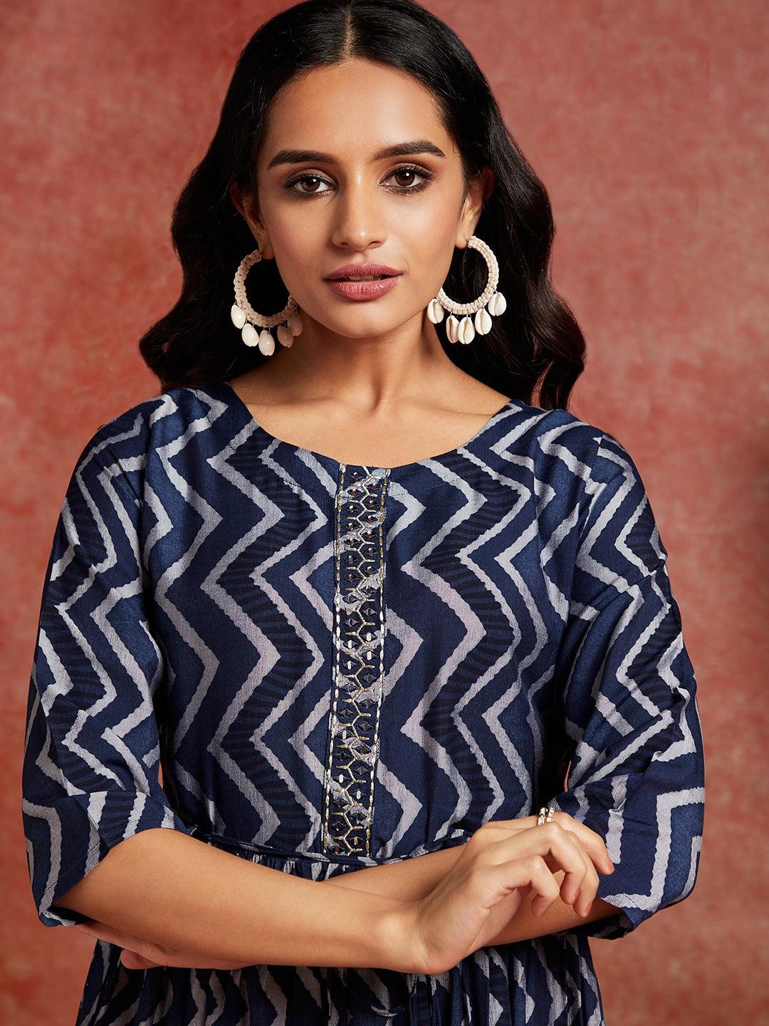 Blue Embroidered Fit and Flared Dress