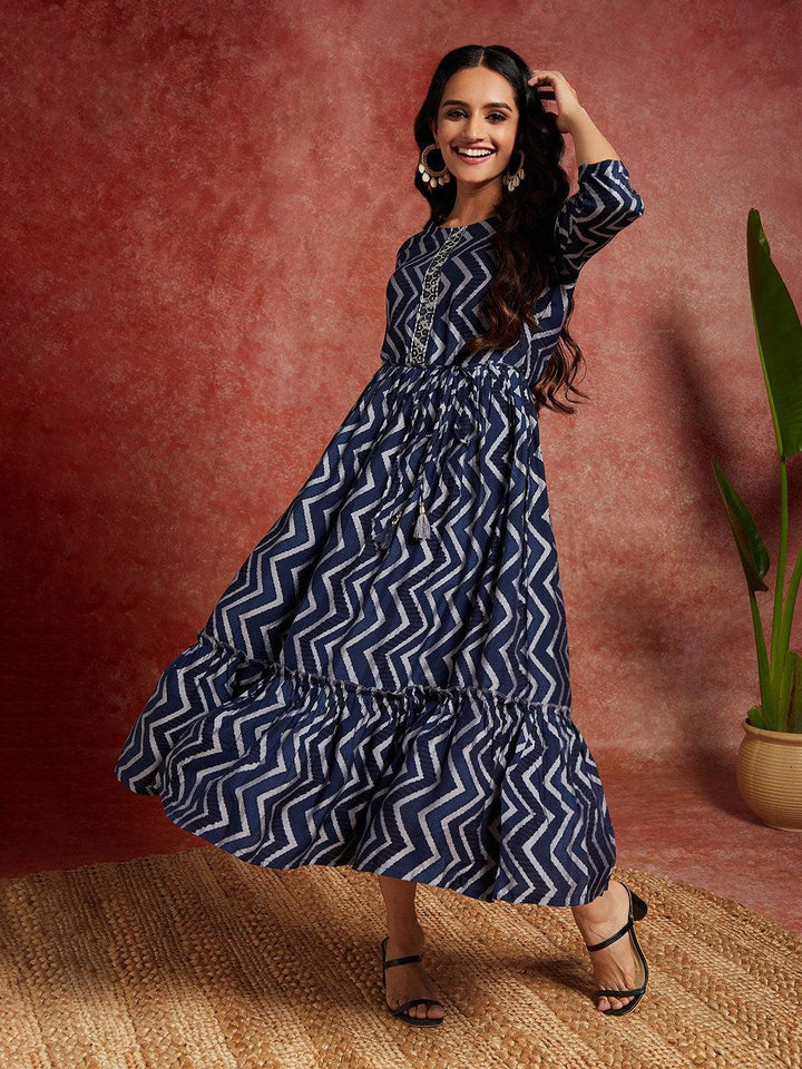 Blue Embroidered Fit and Flared Dress - ShopLibas