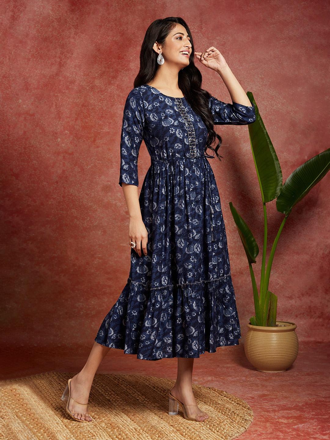 Blue Printed Fit and Flared Dress - ShopLibas