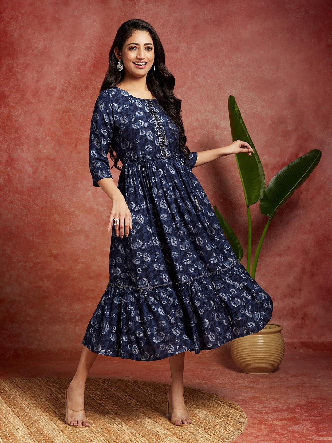 Blue Printed Fit and Flared Dress - ShopLibas